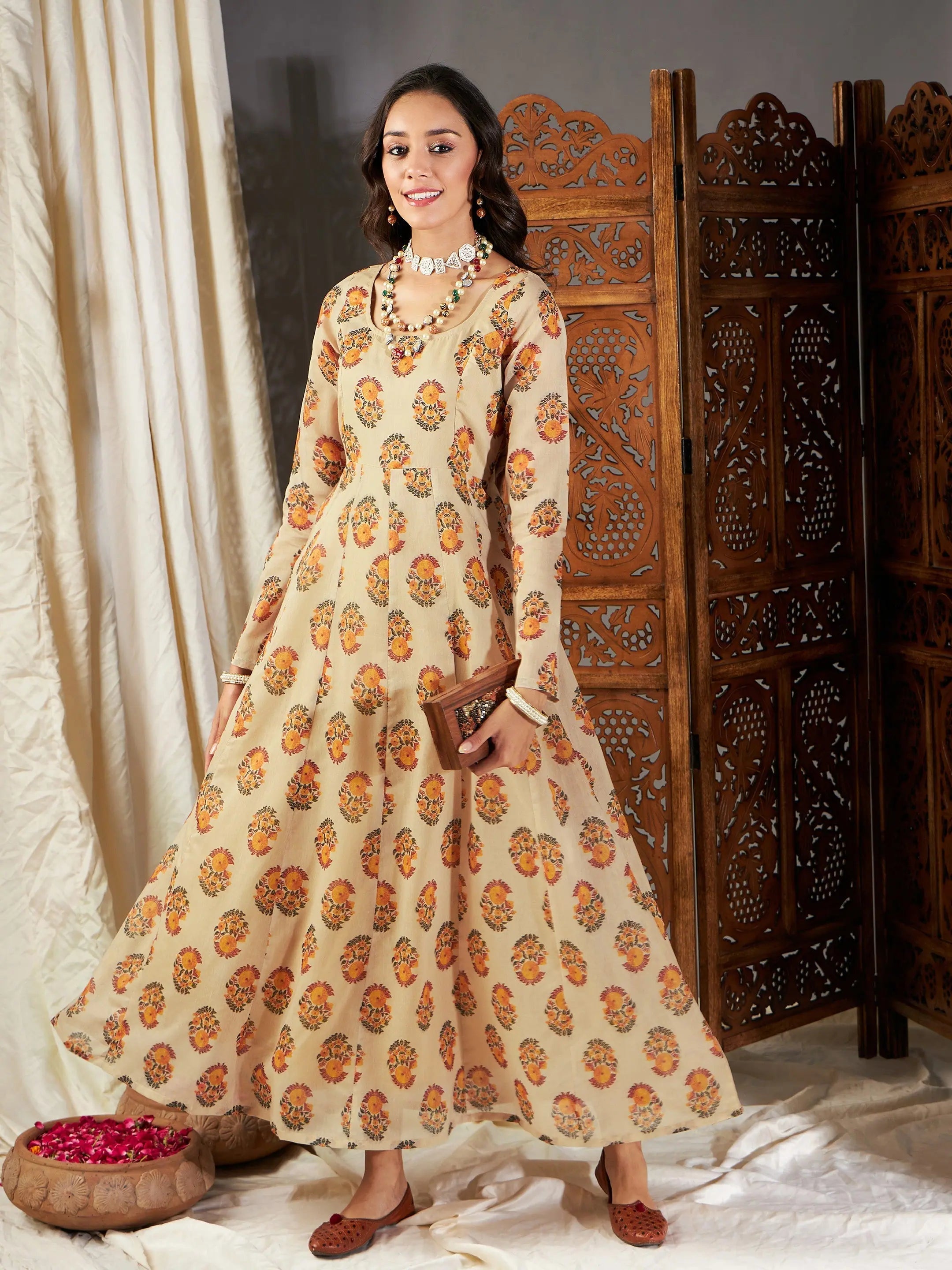 Beige Floral Anarkali Maxi Dress - Women's Designer Lehenga Look