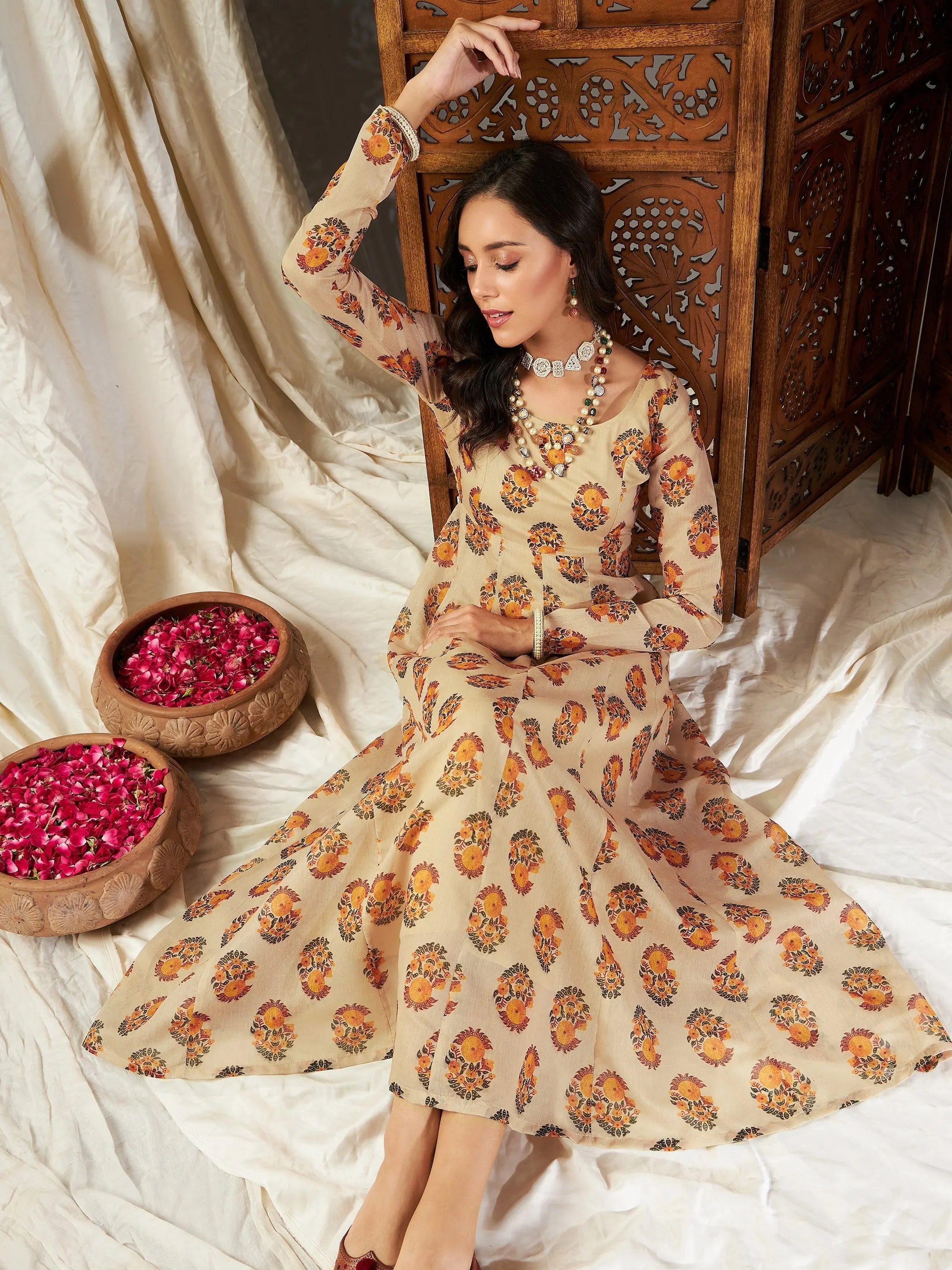 Beige Floral Anarkali Maxi Dress - Women's Designer Lehenga Look