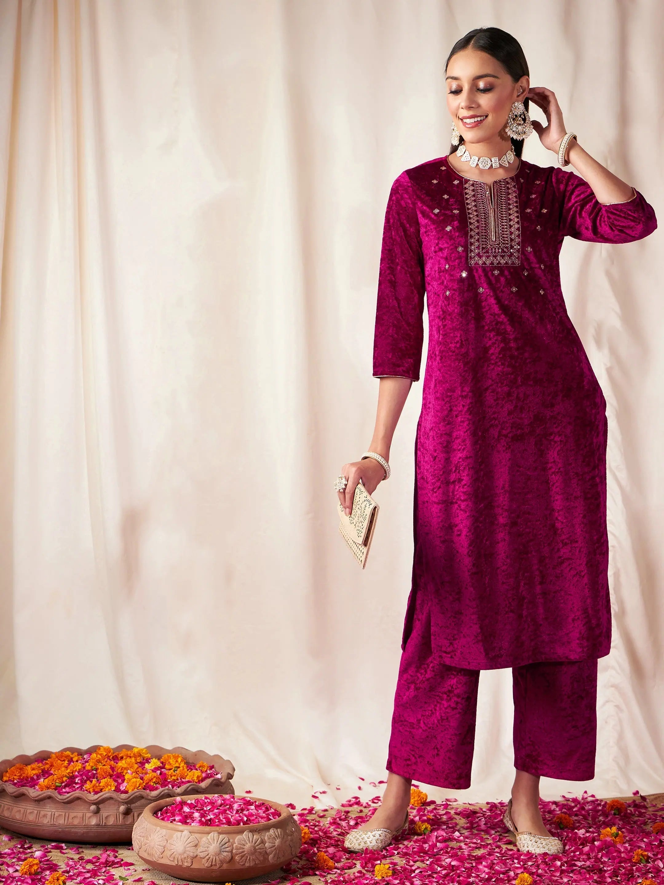 Fuchsia Velvet Embroidered Kurta - Trendy Indian Kurta Ladies