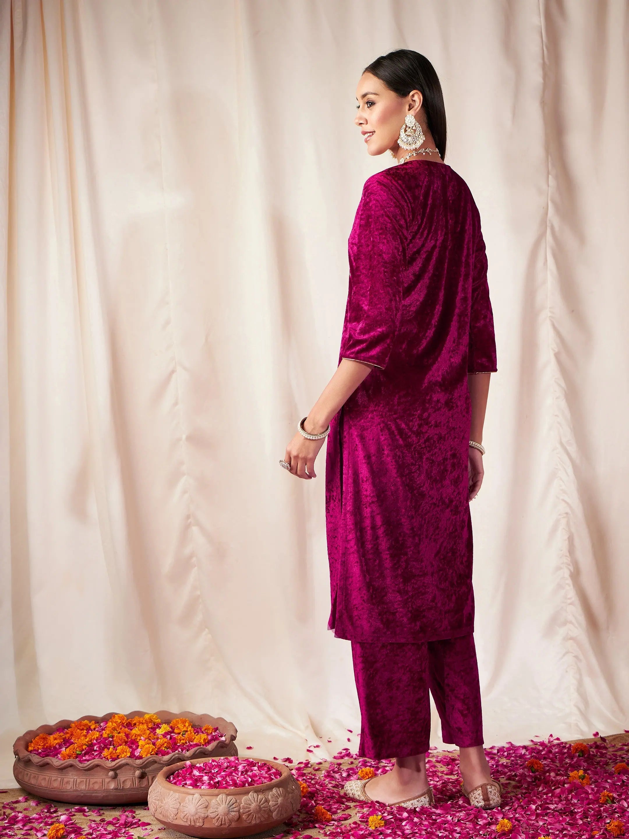 Fuchsia Velvet Embroidered Kurta - Trendy Indian Kurta Ladies