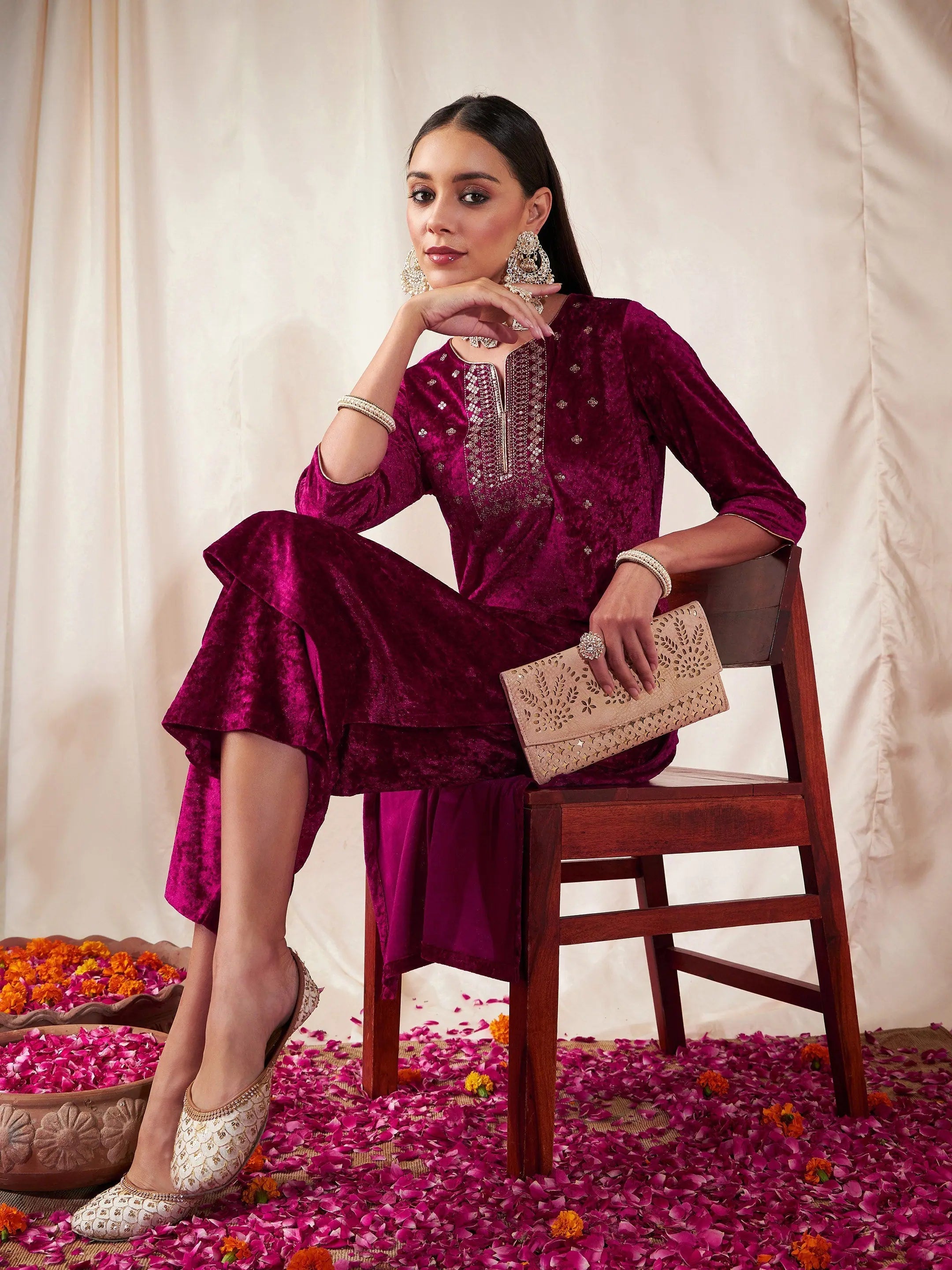 Fuchsia Velvet Embroidered Kurta - Trendy Indian Kurta Ladies