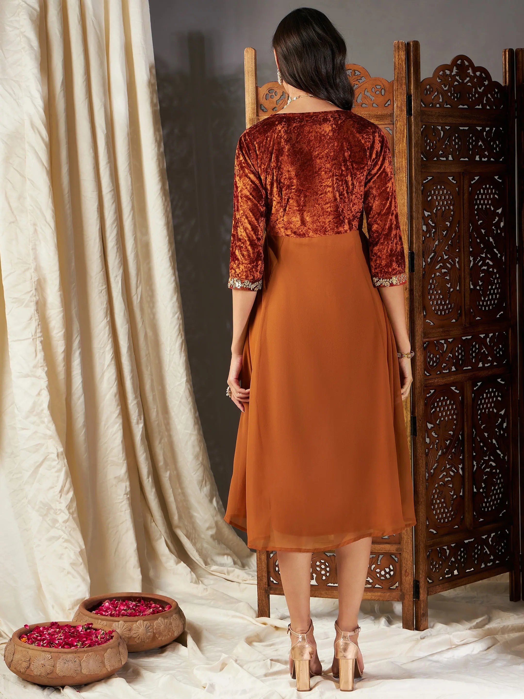 Rust Embroidered V-Neck Dress - Ethnic Lehenga Style for Women
