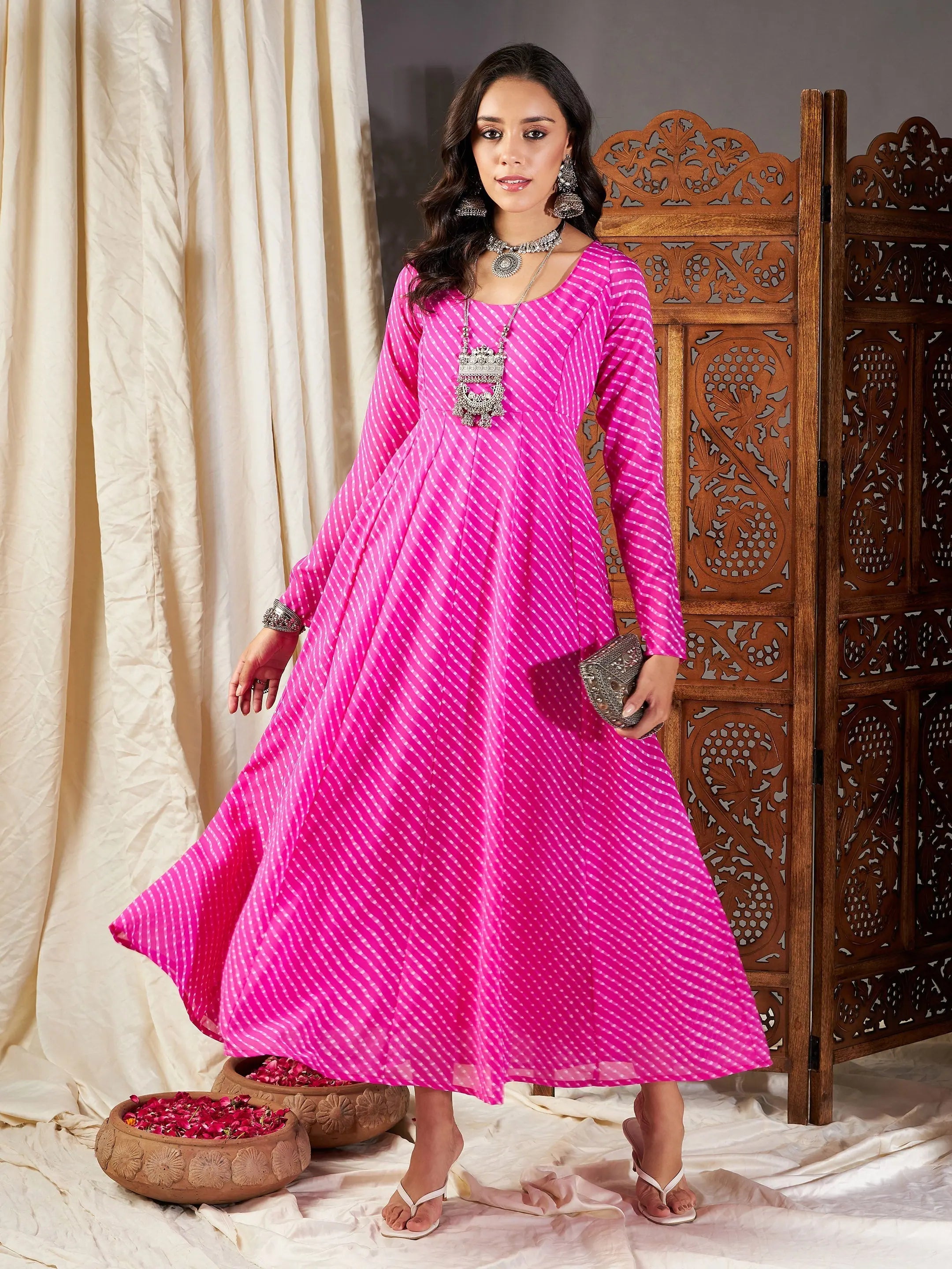 Pink Lehariya Anarkali Dress - Designer Lehenga for Women