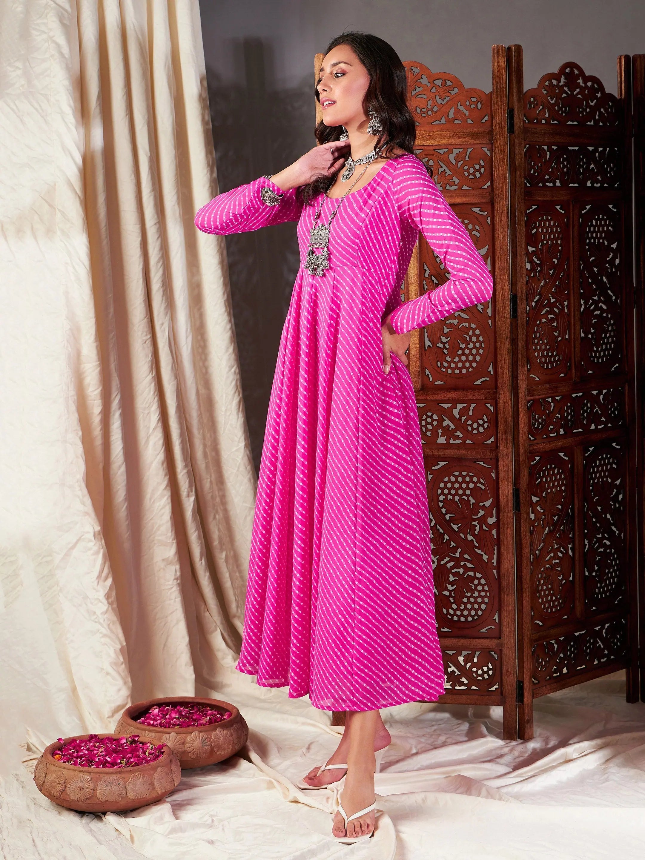Pink Lehariya Anarkali Dress - Designer Lehenga for Women