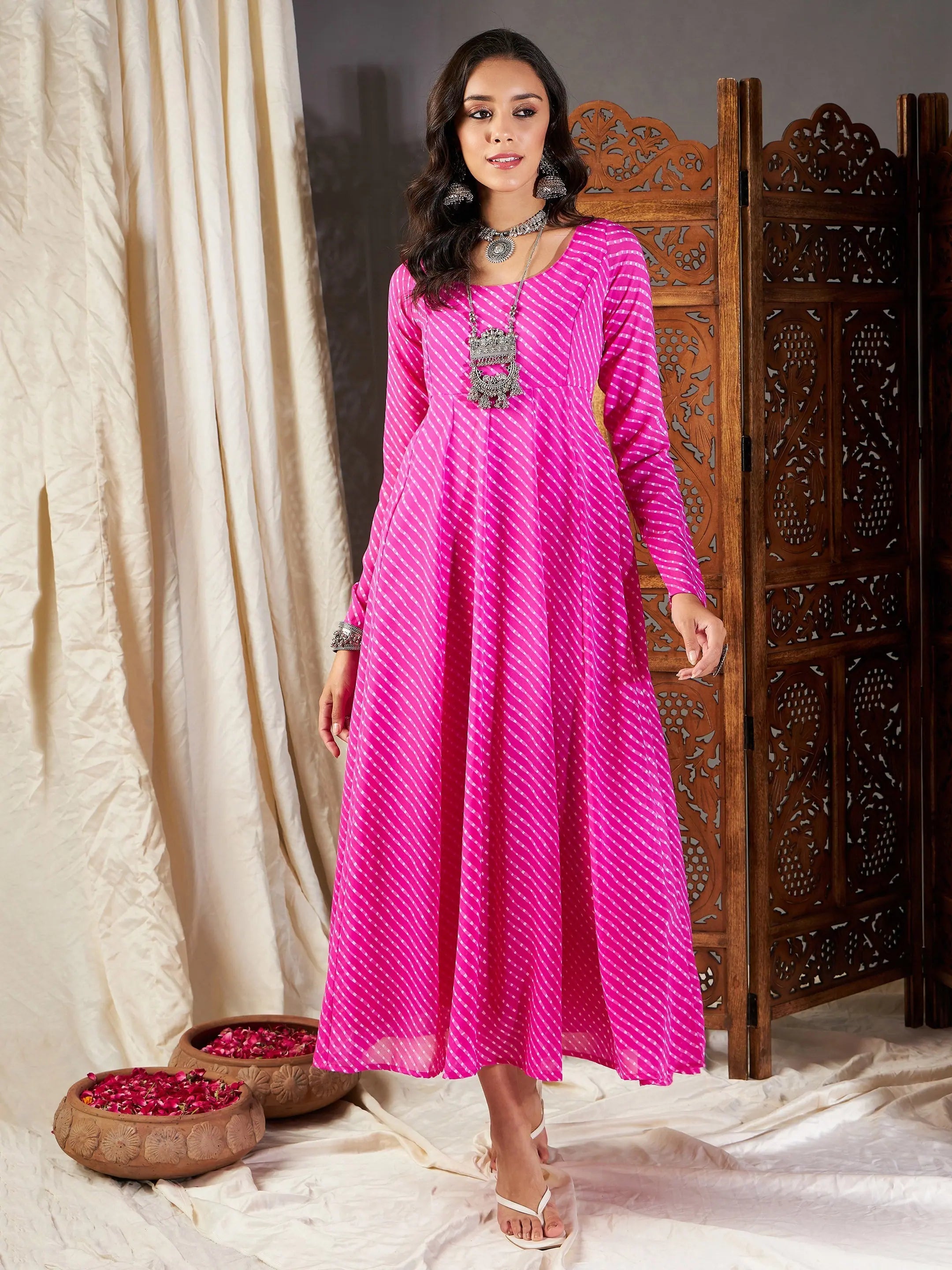 Pink Lehariya Anarkali Dress - Designer Lehenga for Women