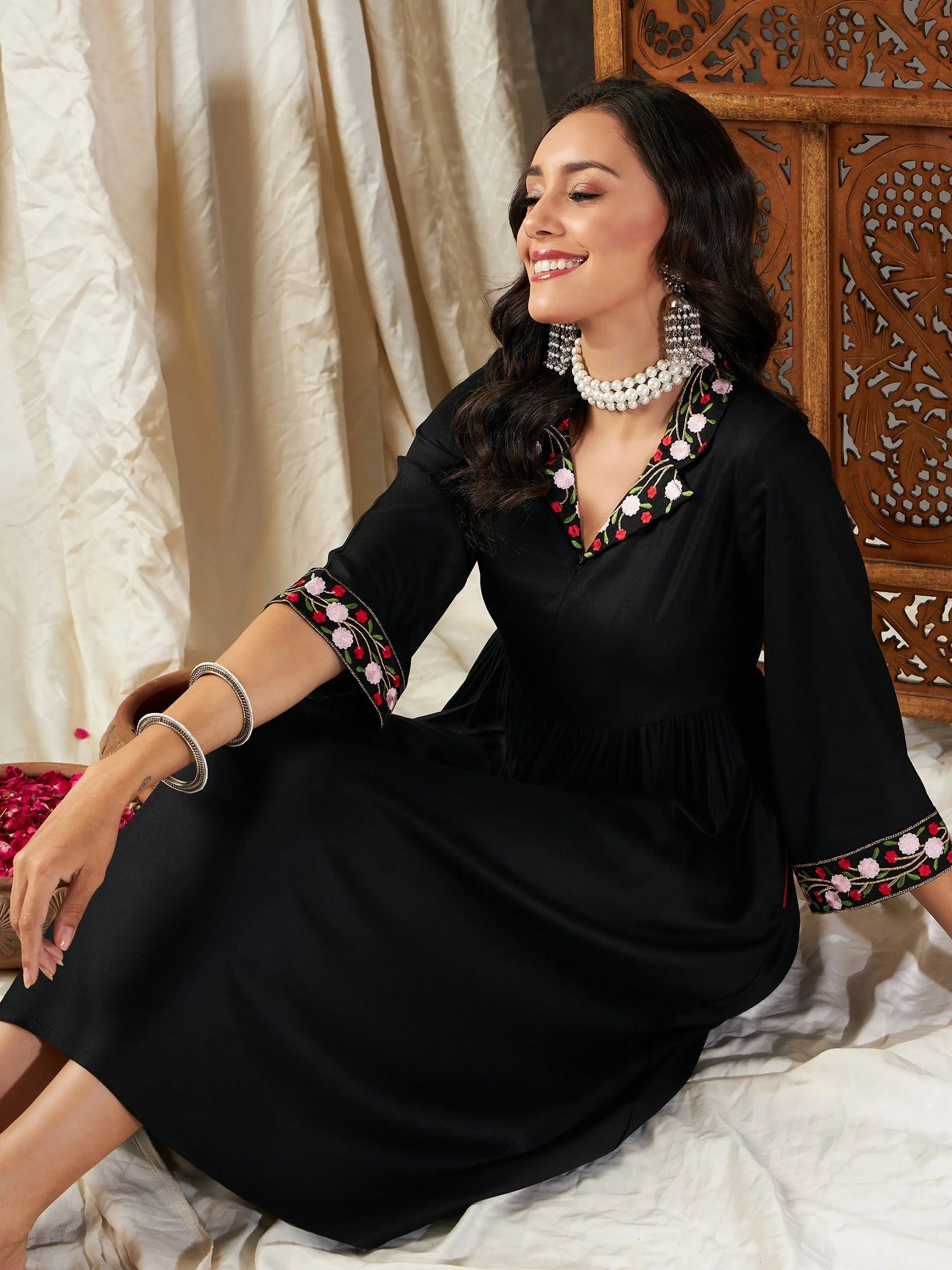 Black Embroidered Sleeve Dress | Ethnic Lehenga Inspired Look