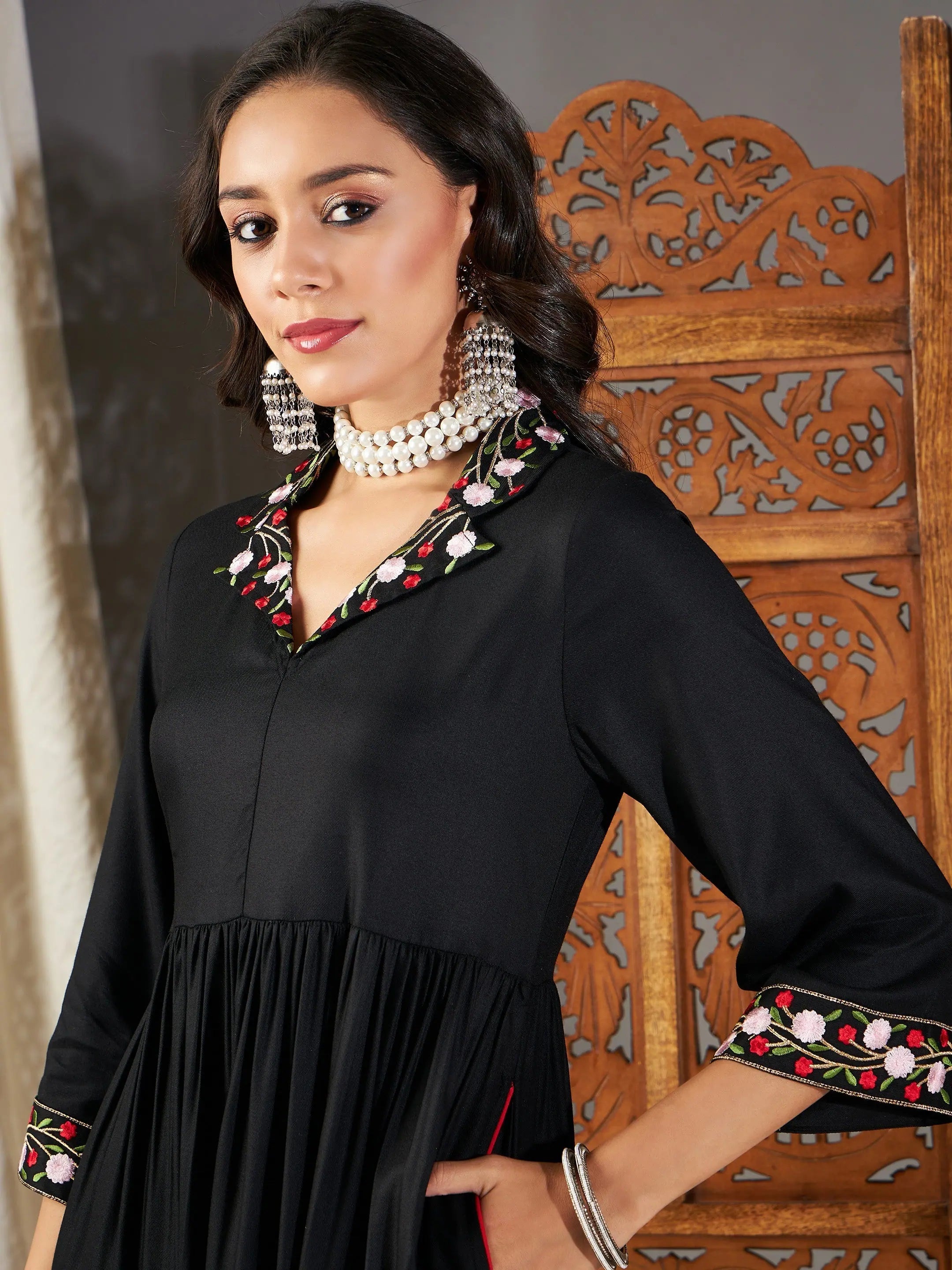 Black Embroidered Sleeve Dress | Ethnic Lehenga Inspired Look