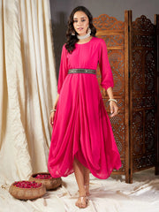 Women Fuchsia Embroidered Belt Dhoti Dress