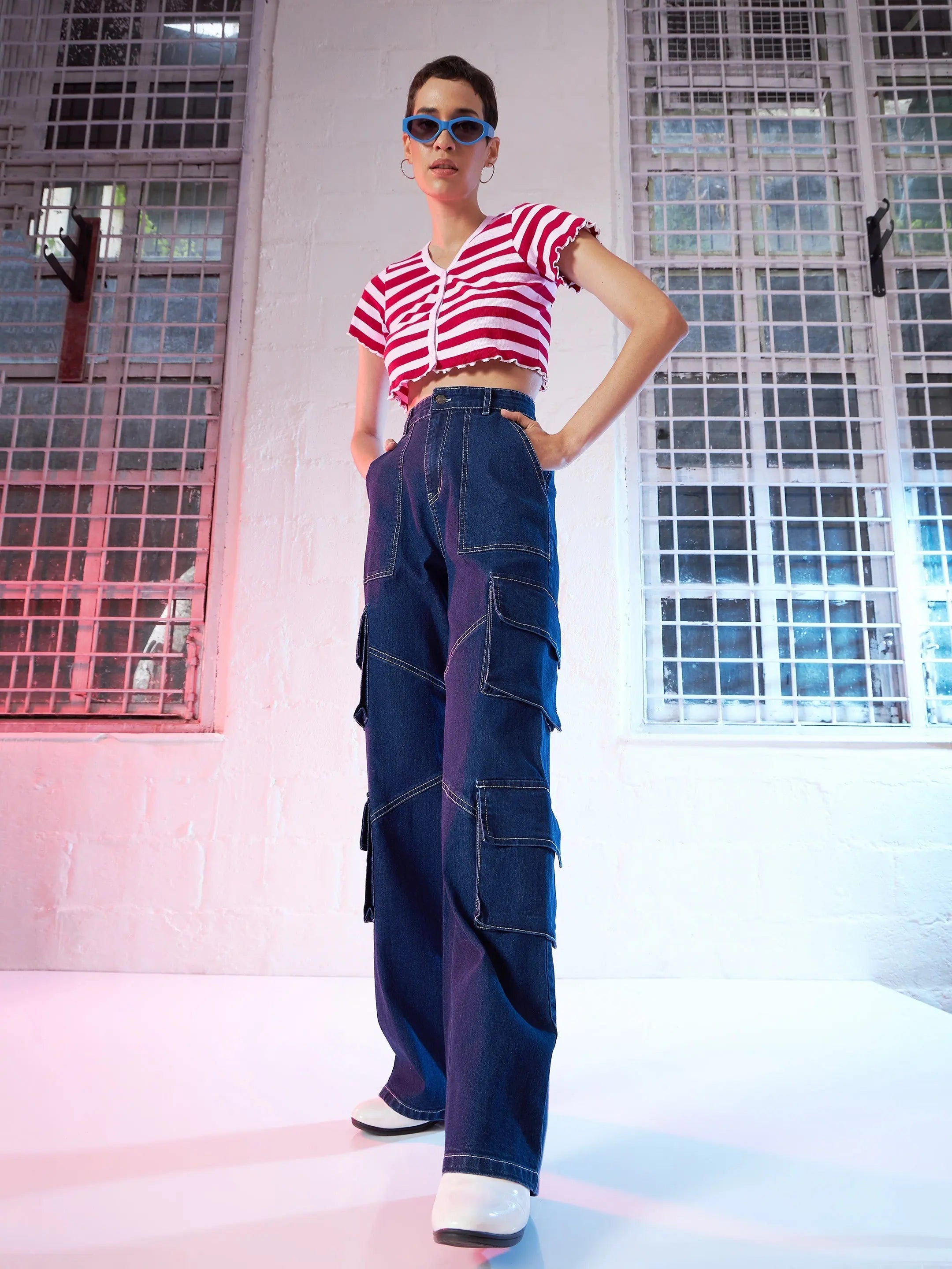 Red & Pink Striped Crop Top | Women's Western Wear Online