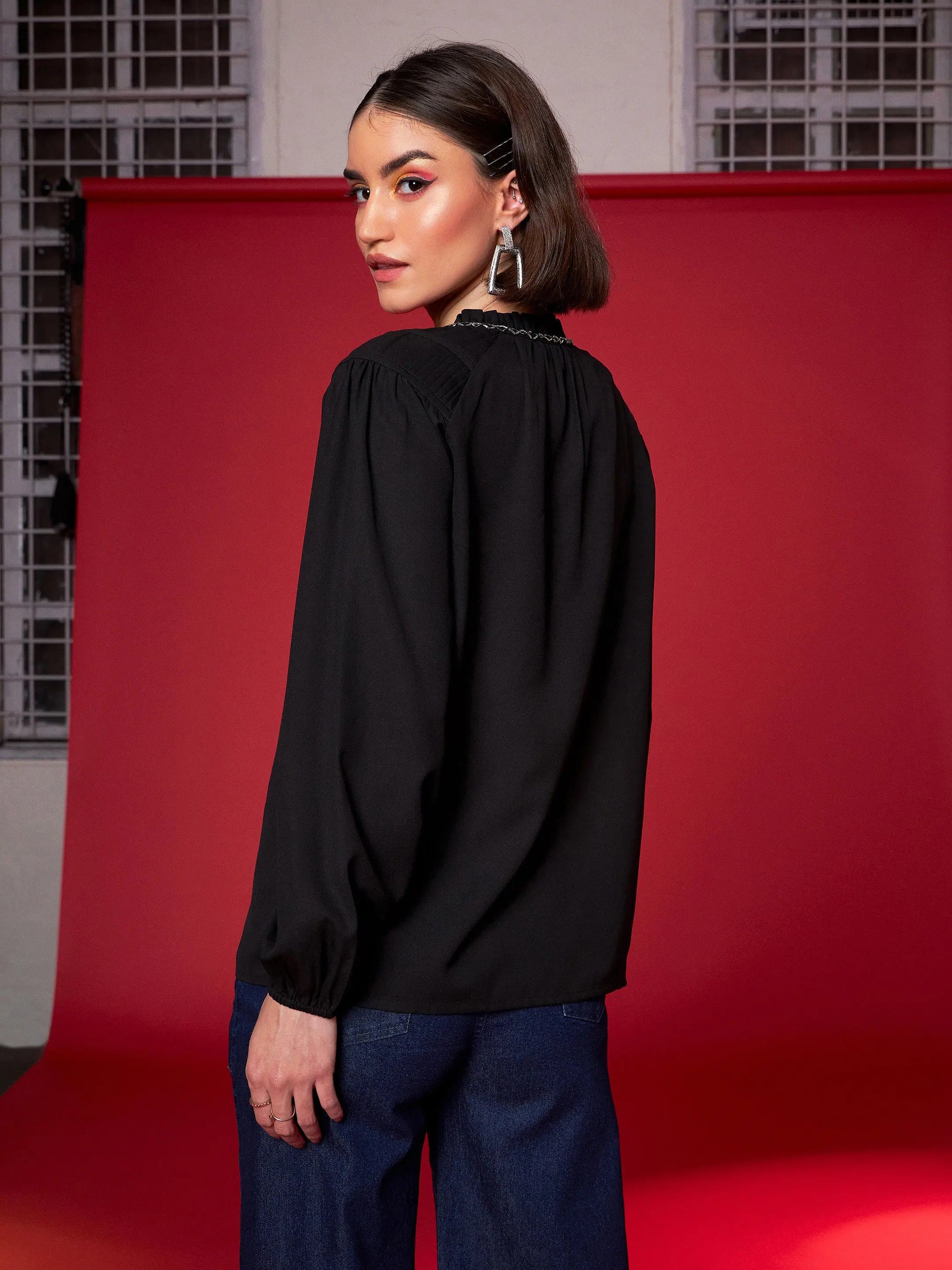 Black Embellished Puff Sleeve Top | Women's Western Wear