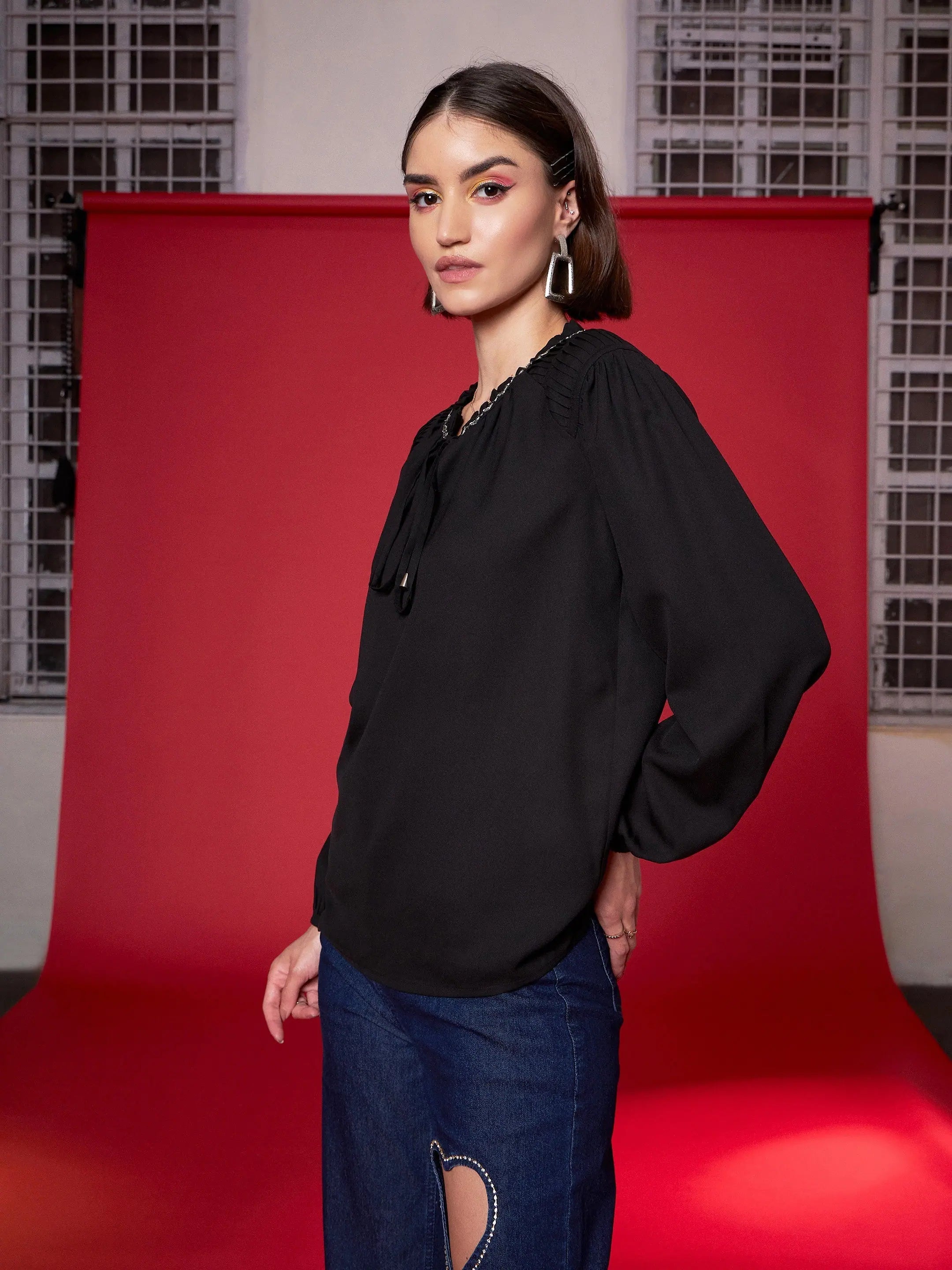 Black Embellished Puff Sleeve Top | Women's Western Wear