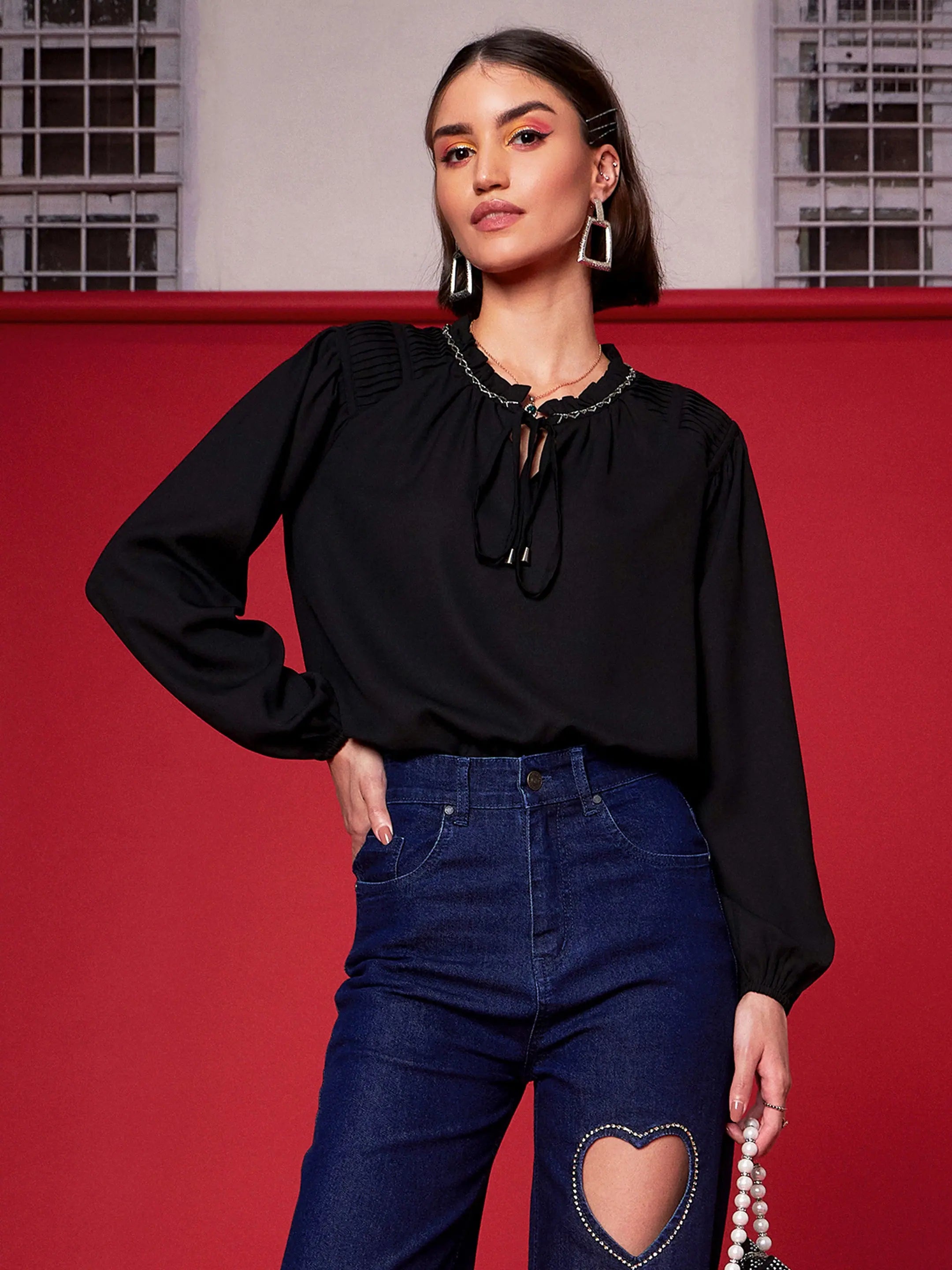 Black Embellished Puff Sleeve Top | Women's Western Wear