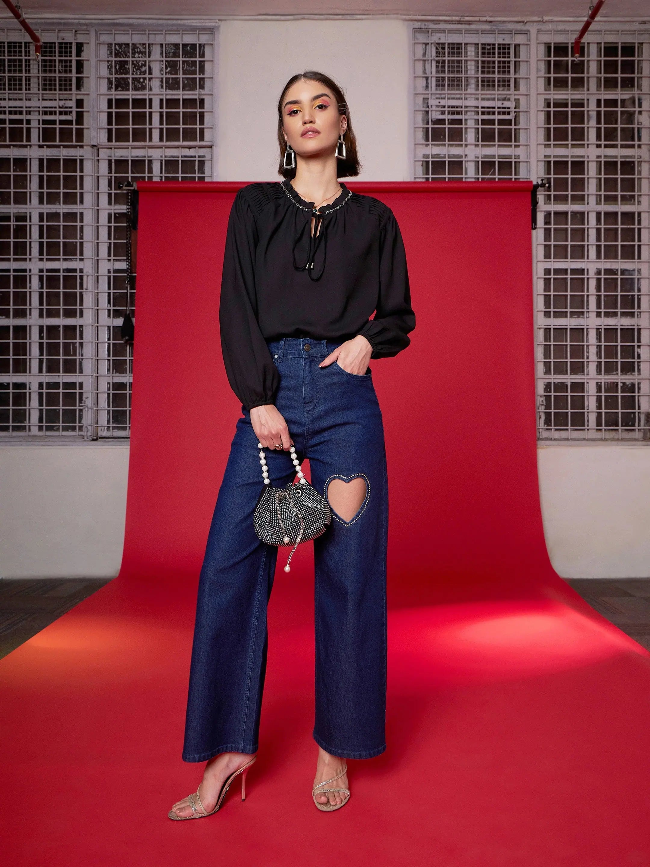 Black Embellished Puff Sleeve Top | Women's Western Wear