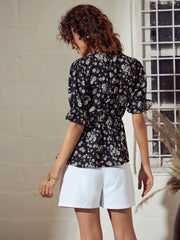 Women Black Floral Button Detail Peplum Top