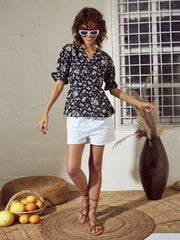 Women Black Floral Button Detail Peplum Top