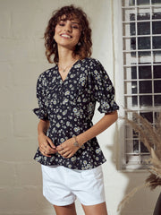 Women Black Floral Button Detail Peplum Top