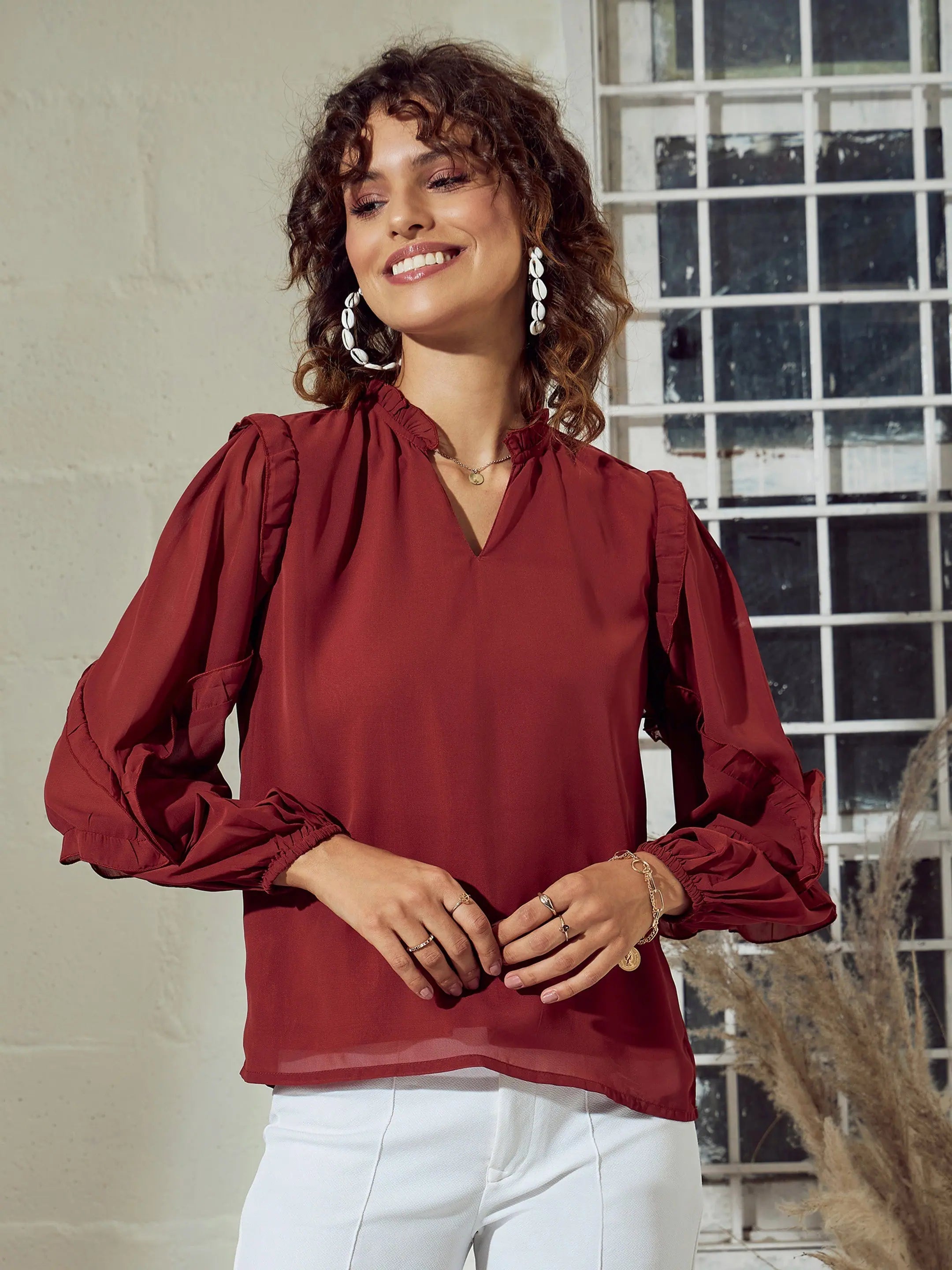 Rust Ruffle Detail Top | Women's Western Wear - [Brand Name]