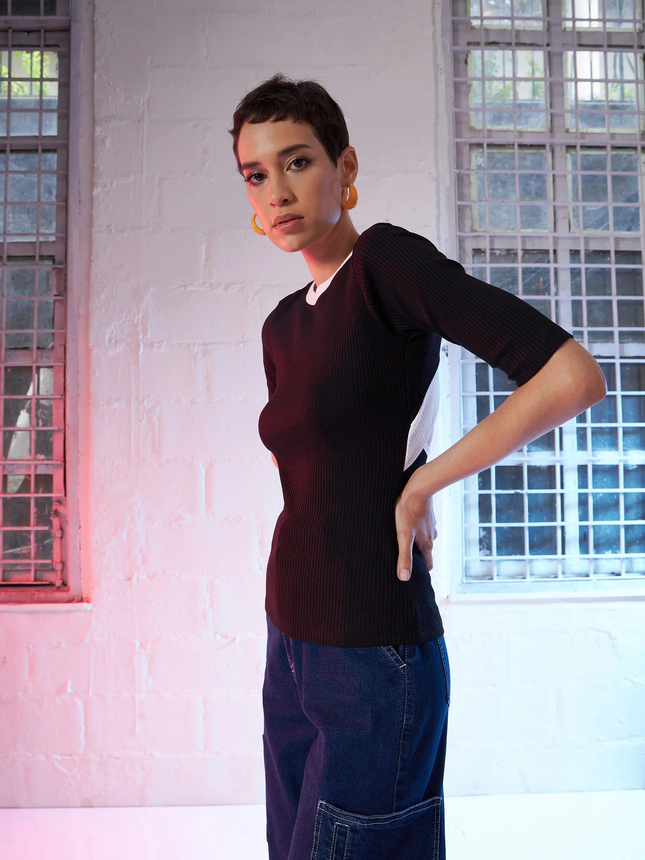 Black Cut Out Rib Top - Trendy Women's Shirts Online