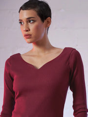Women Maroon Sweetheart Neck Rib Top