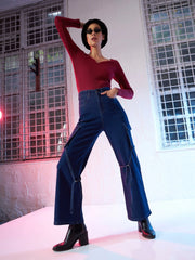 Women Maroon Sweetheart Neck Rib Top