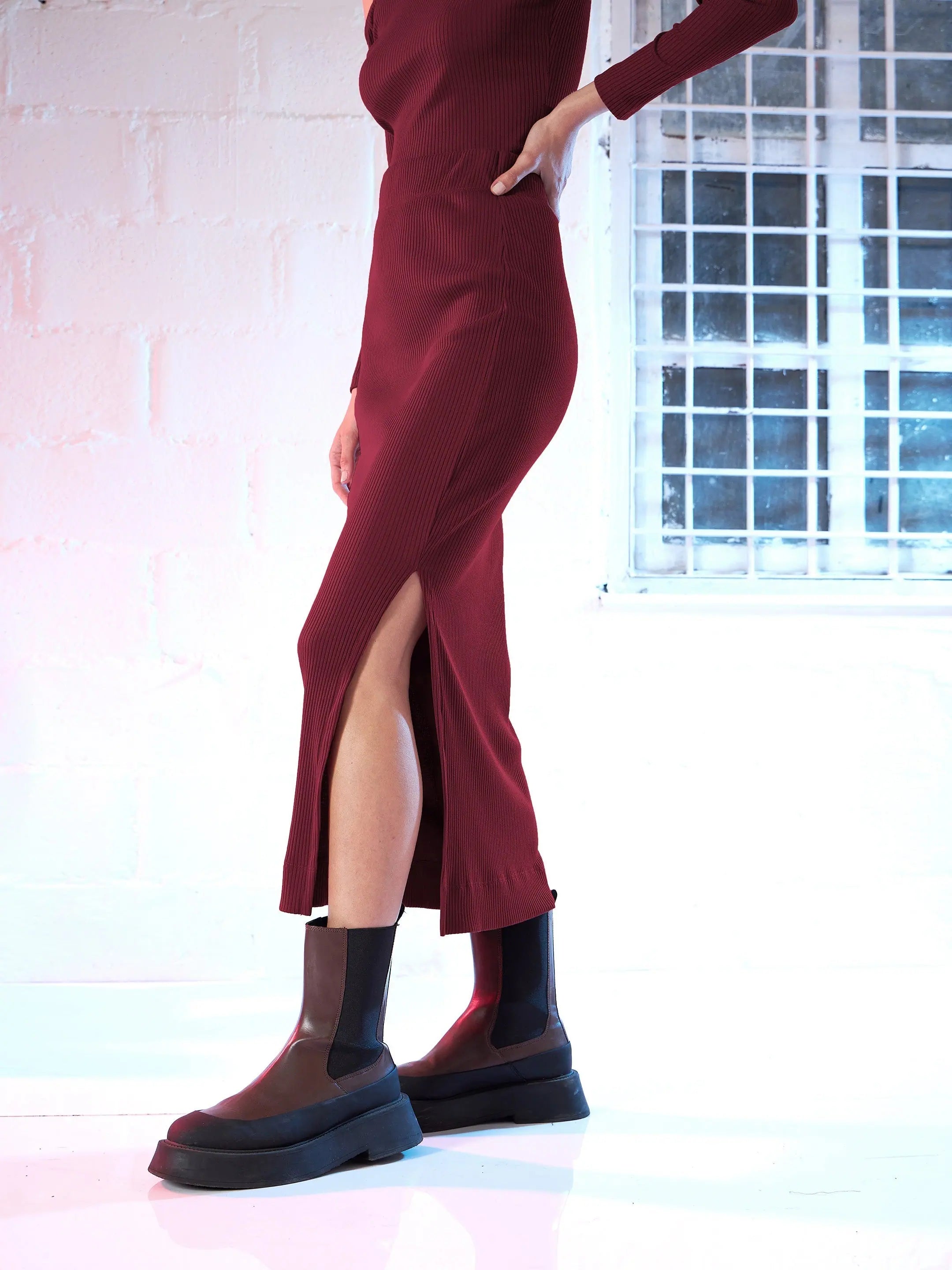 Women's Western Clothing: Maroon Side Slit Pencil Skirt Style