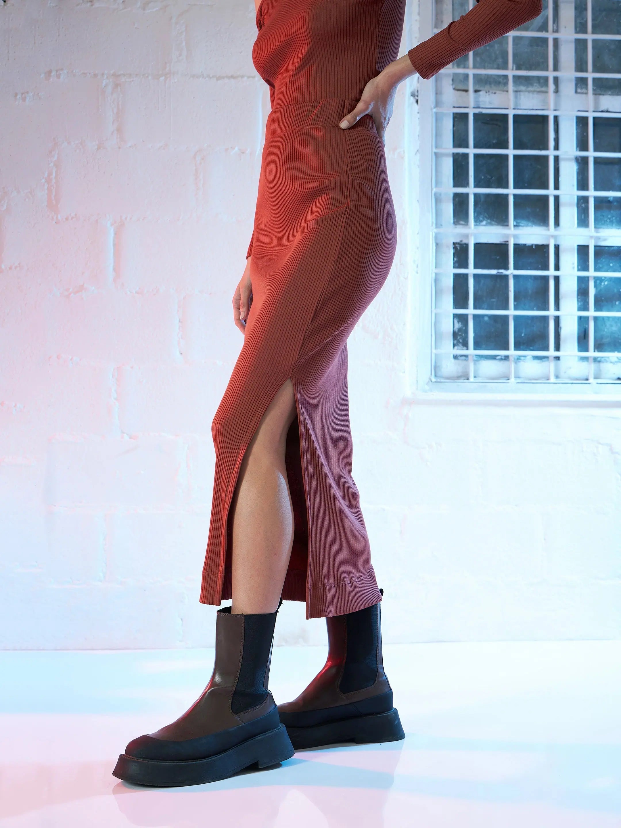 Women's Western Wear: Rust Side Slit Pencil Skirt Outfit