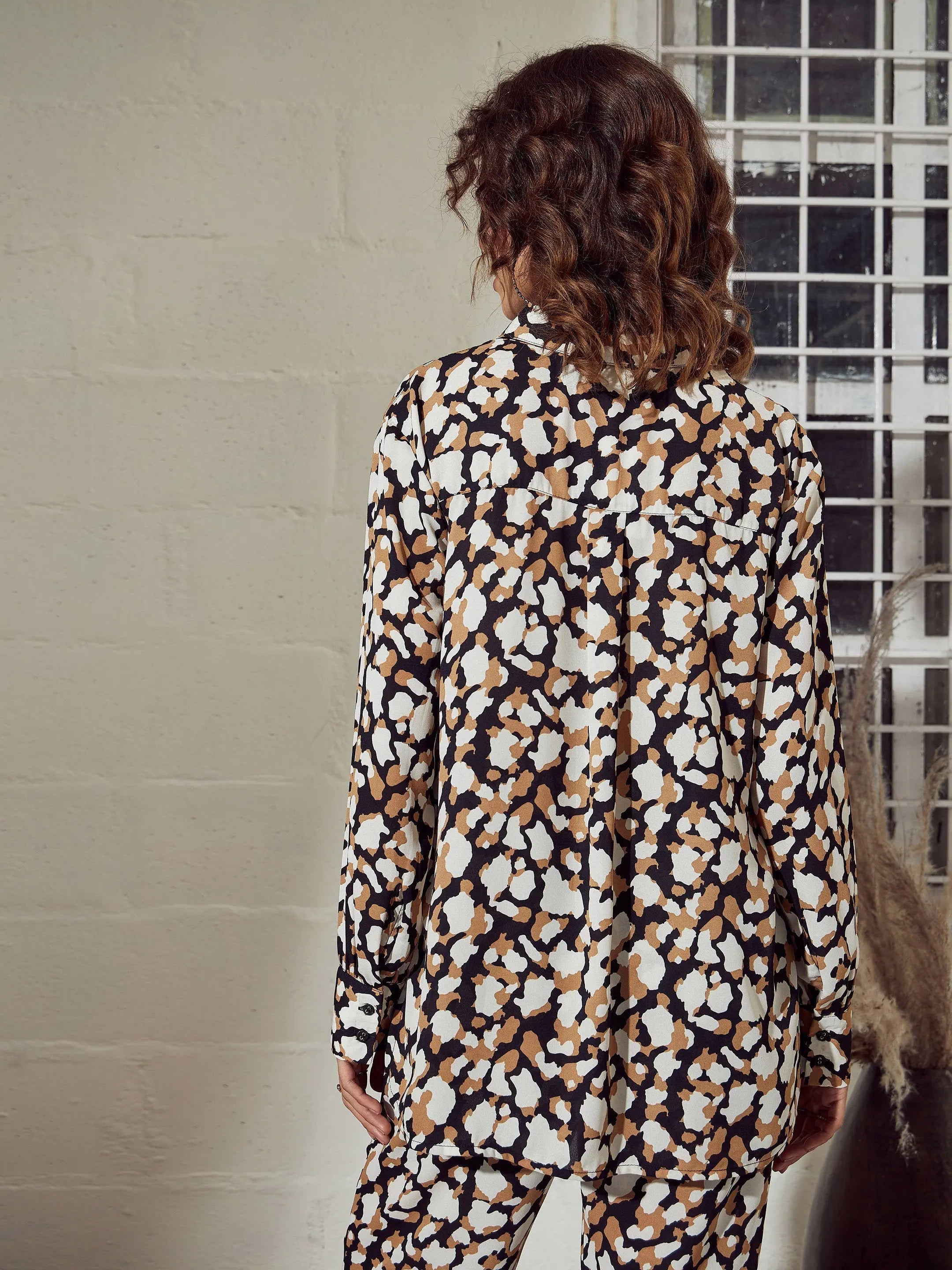 Beige Abstract Print Shirt - Oversized Women's Tops