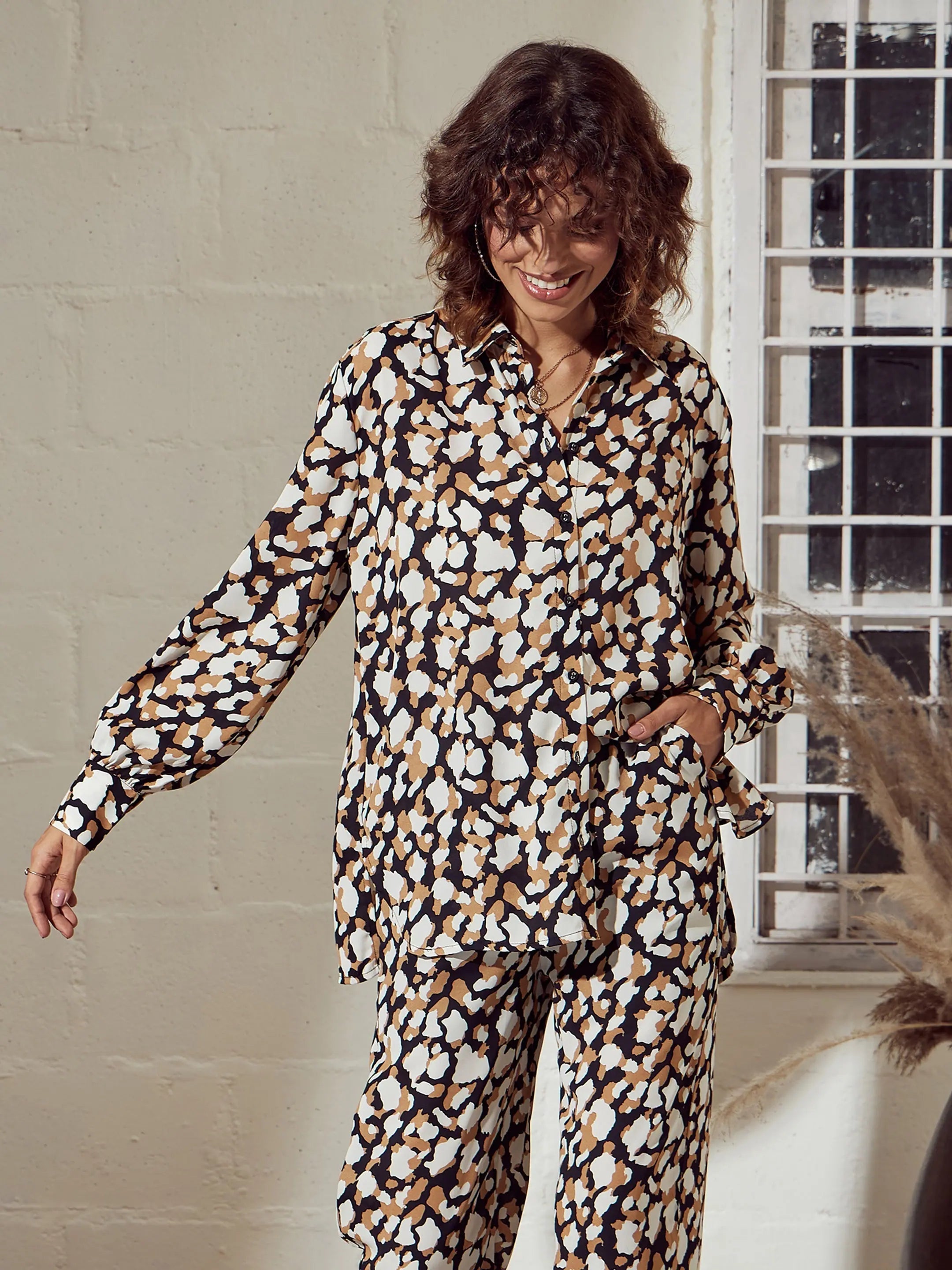 Beige Abstract Print Shirt - Oversized Women's Tops