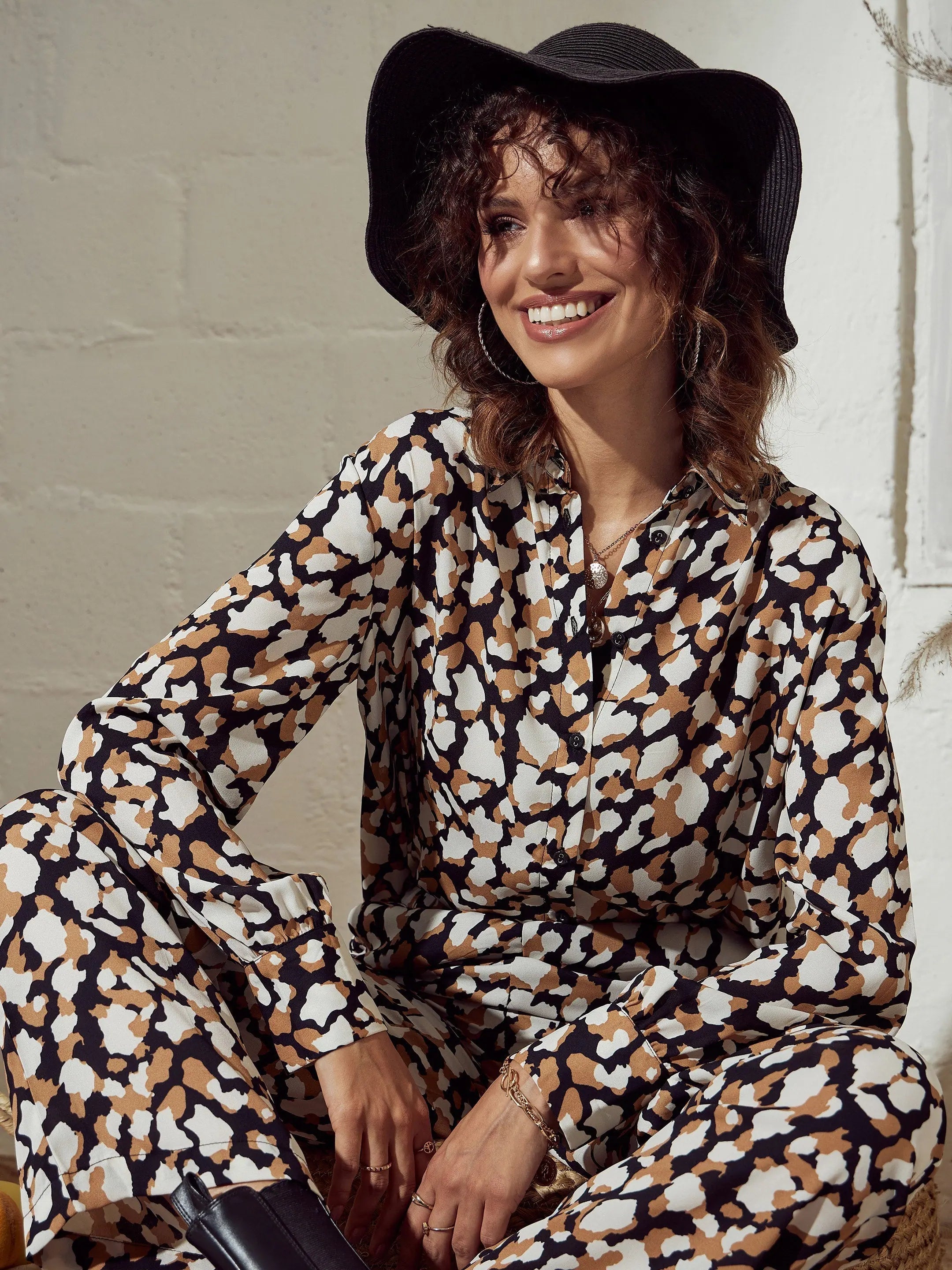 Beige Abstract Print Shirt - Oversized Women's Tops