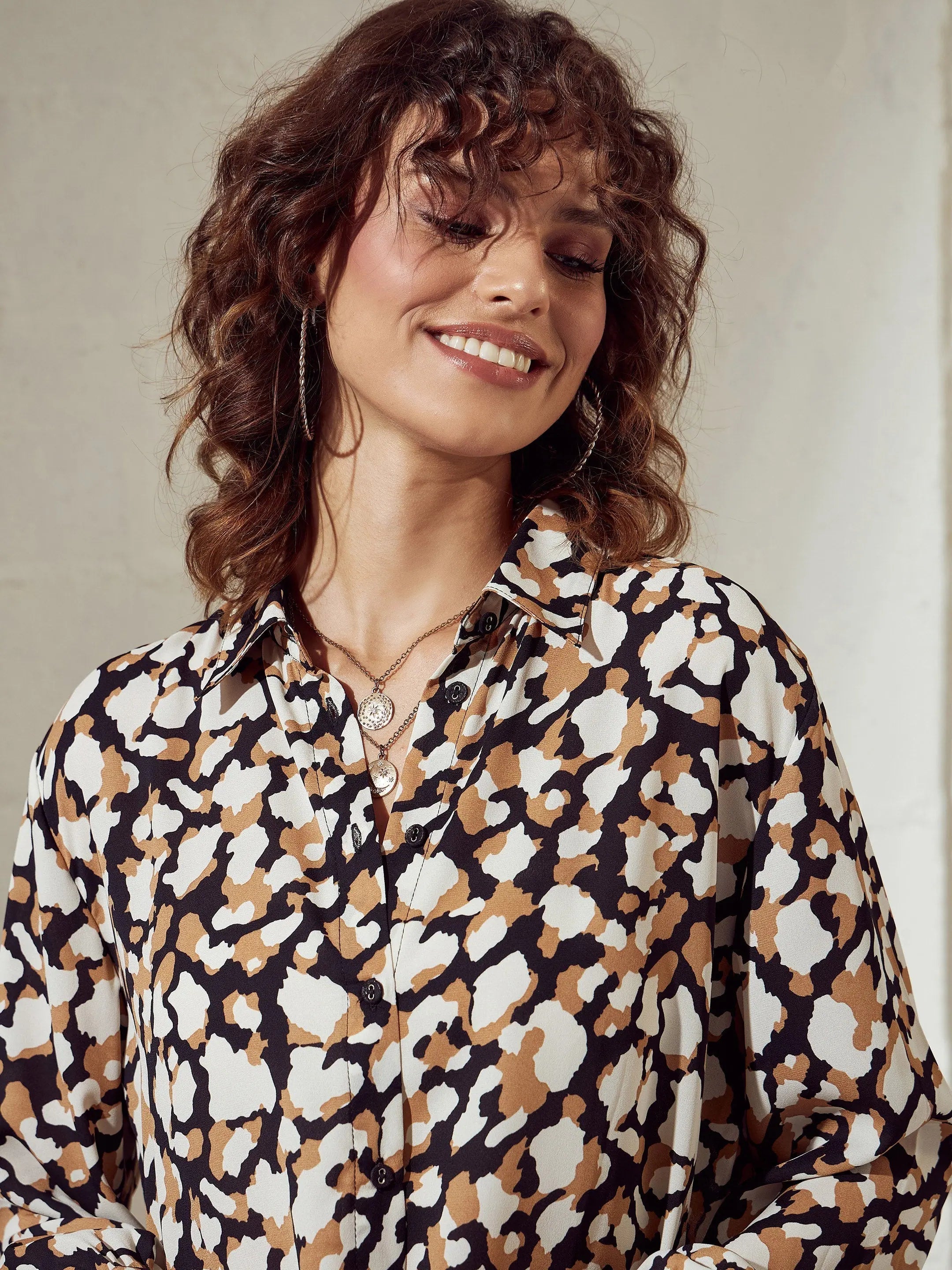 Beige Abstract Print Shirt - Oversized Women's Tops