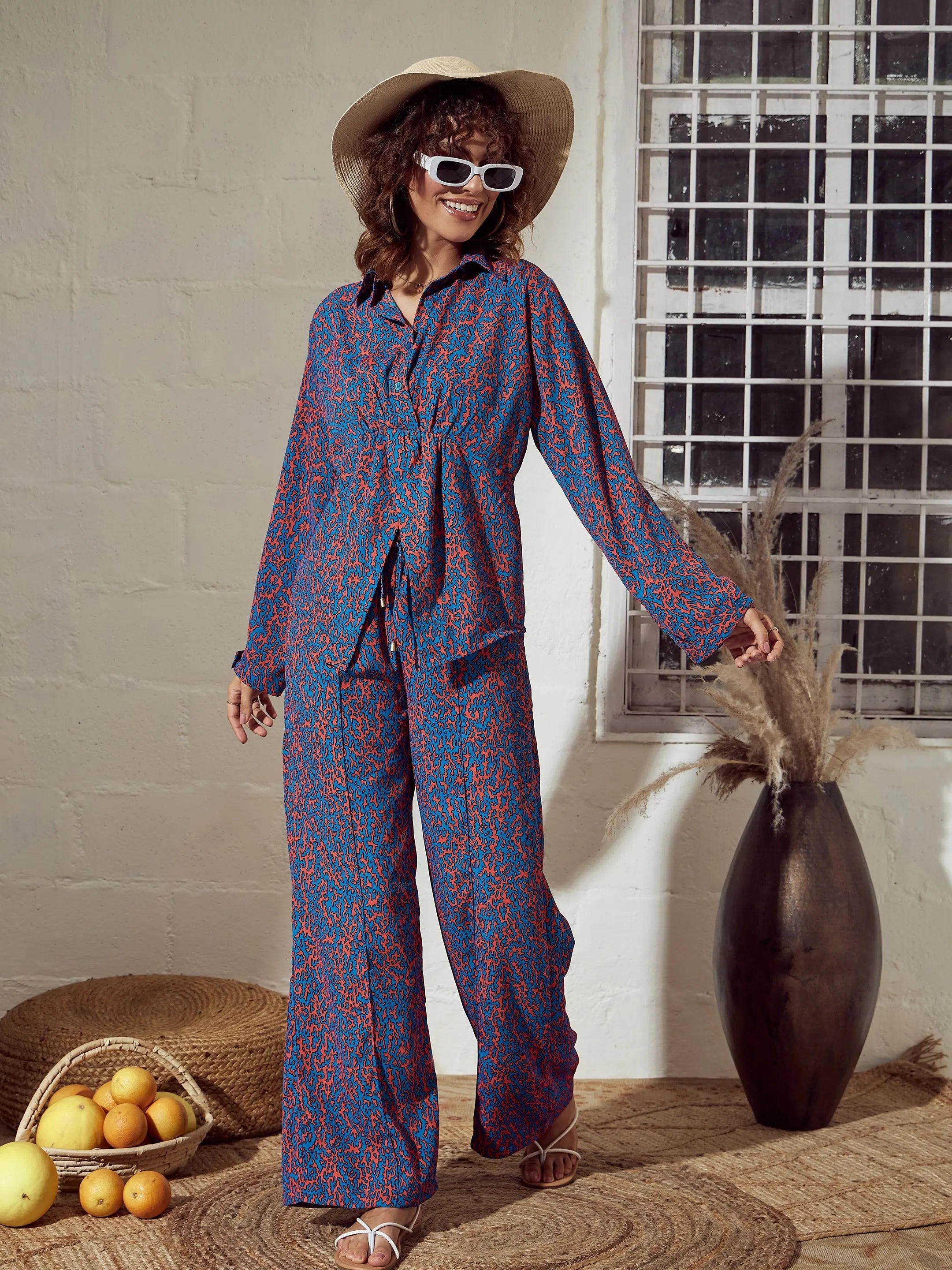 Blue Abstract Women's Western Outfits Top With Pants Set