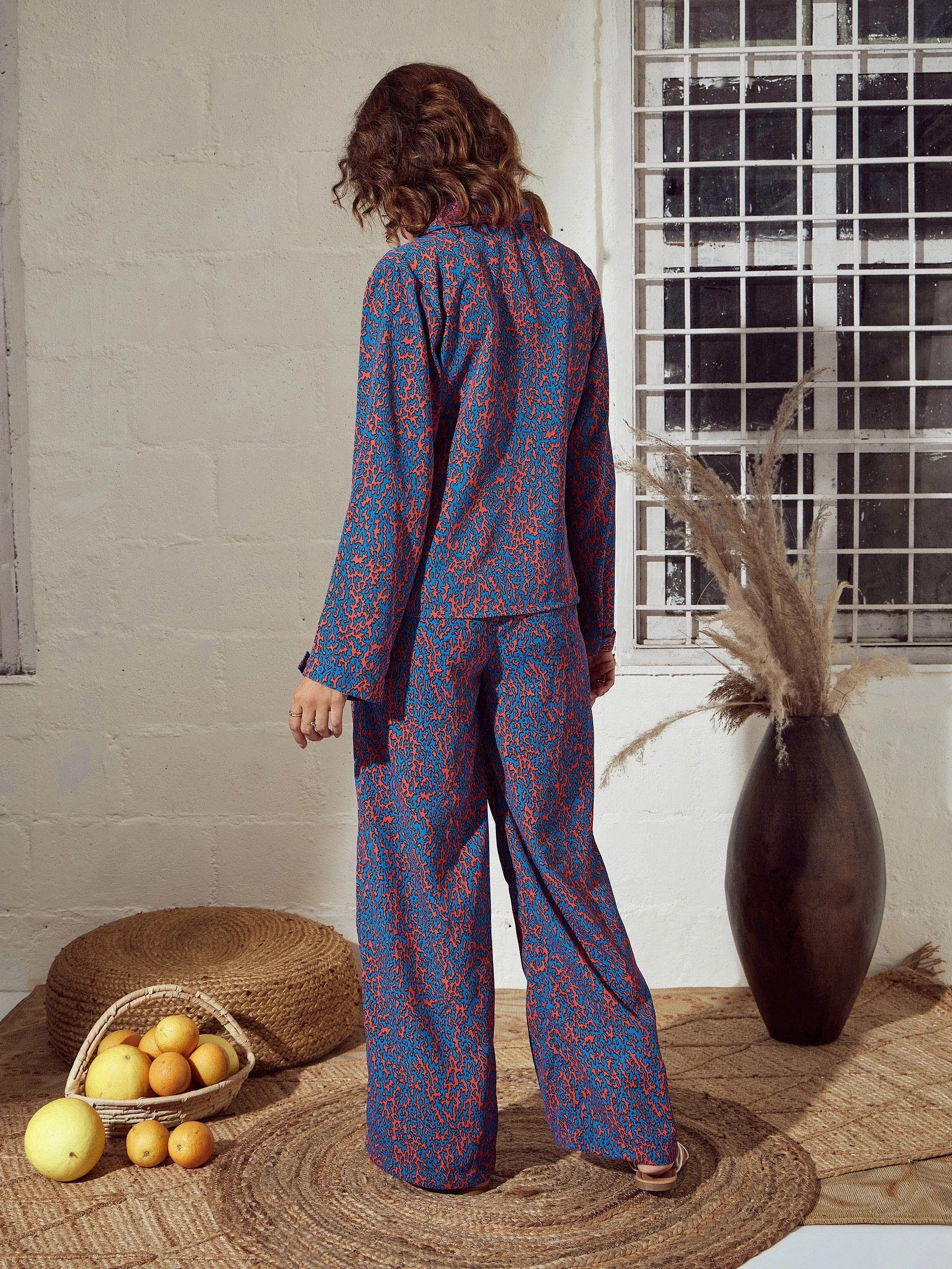 Blue Abstract Women's Western Outfits Top With Pants Set