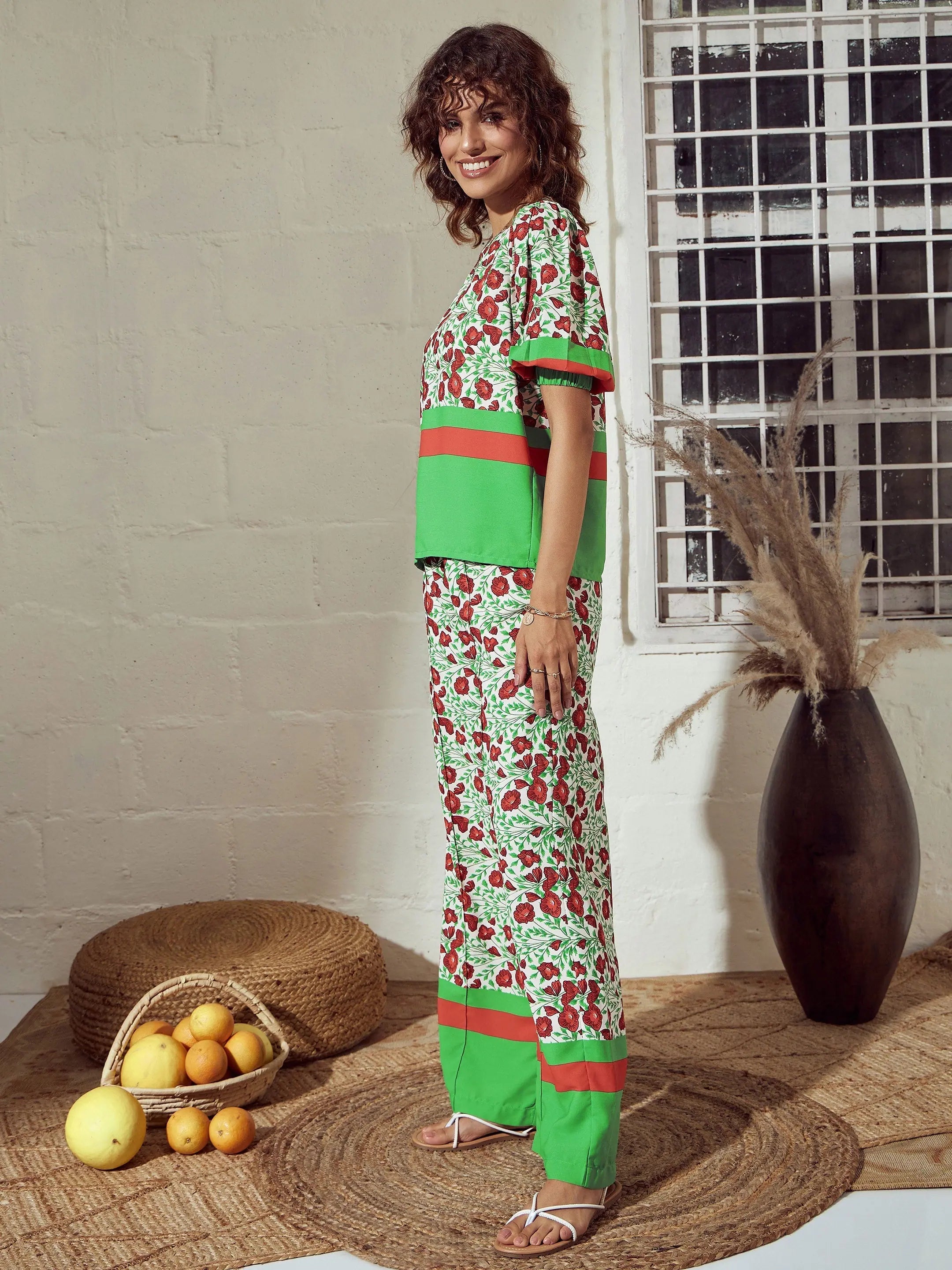 Green Floral Women's Western Wear Top & Pants Outfit