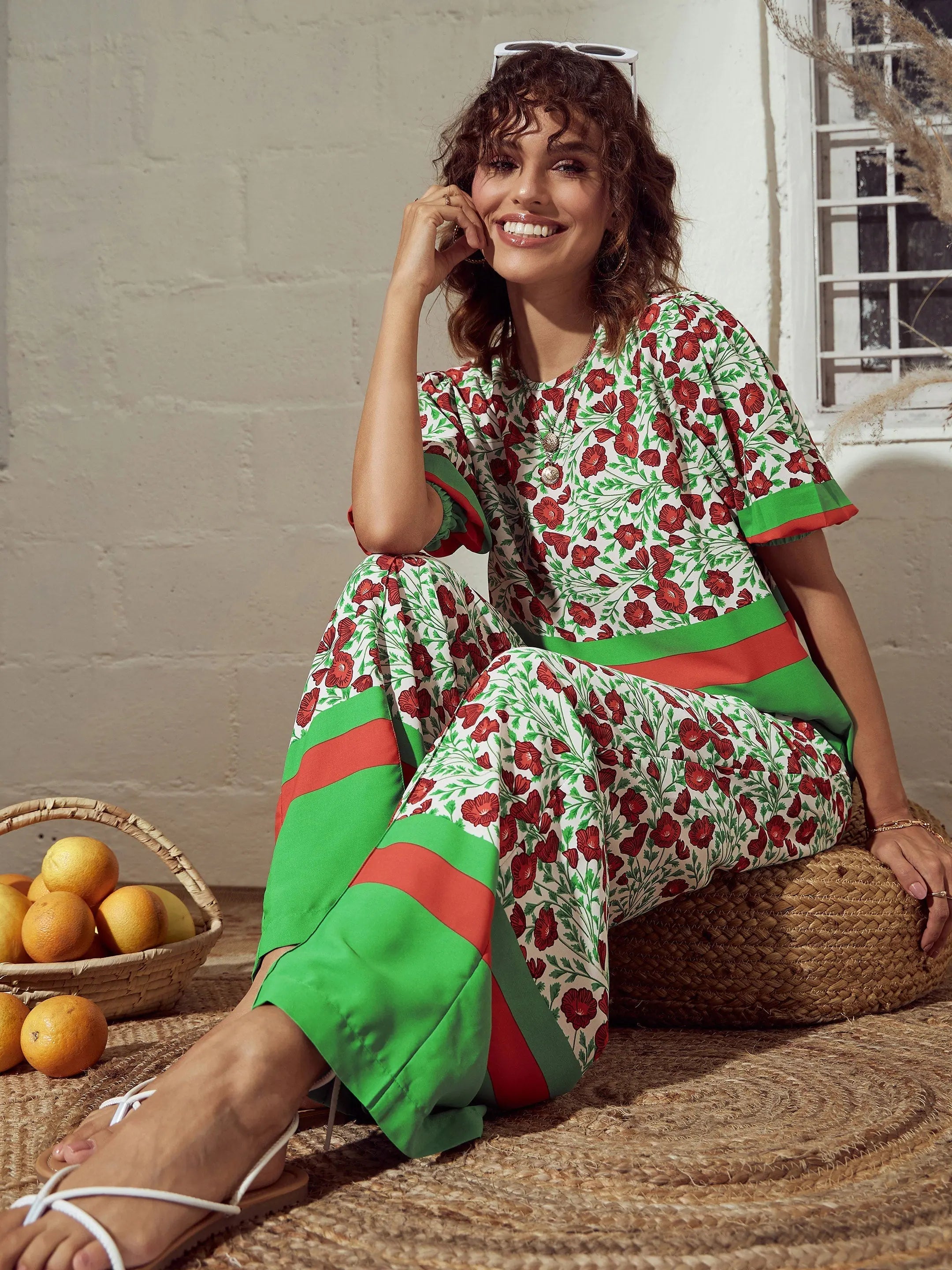 Green Floral Women's Western Wear Top & Pants Outfit