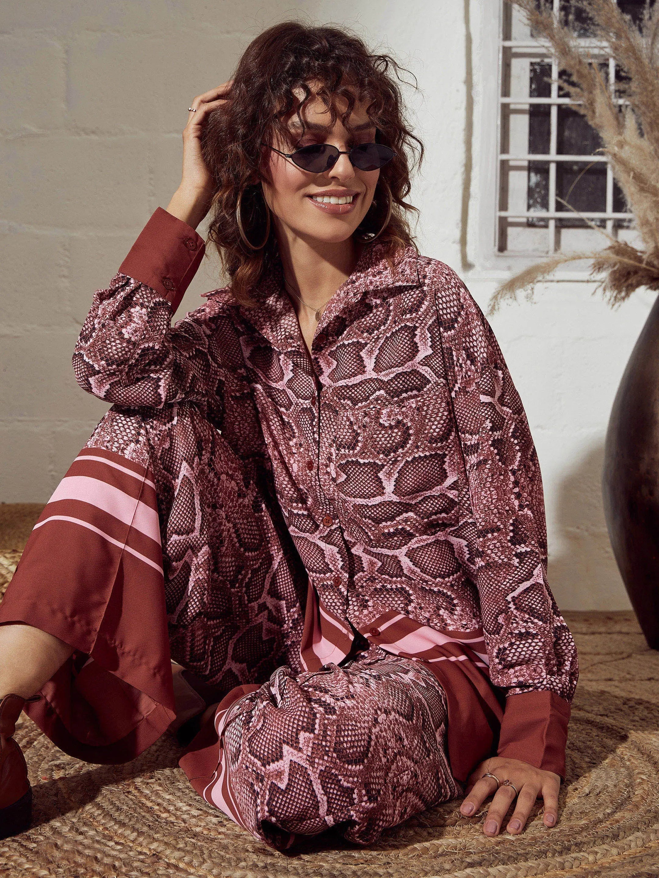 Pink Snake Print Shirt & Pants Set - Designer Lehenga Look