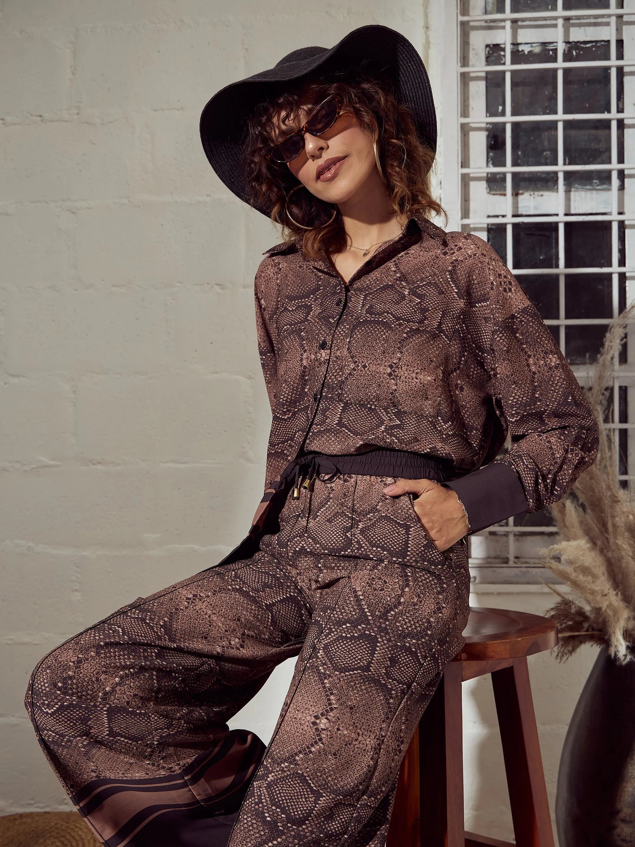 Brown Snake Print Oversized Shirt & Pants - Festive Lehenga Style