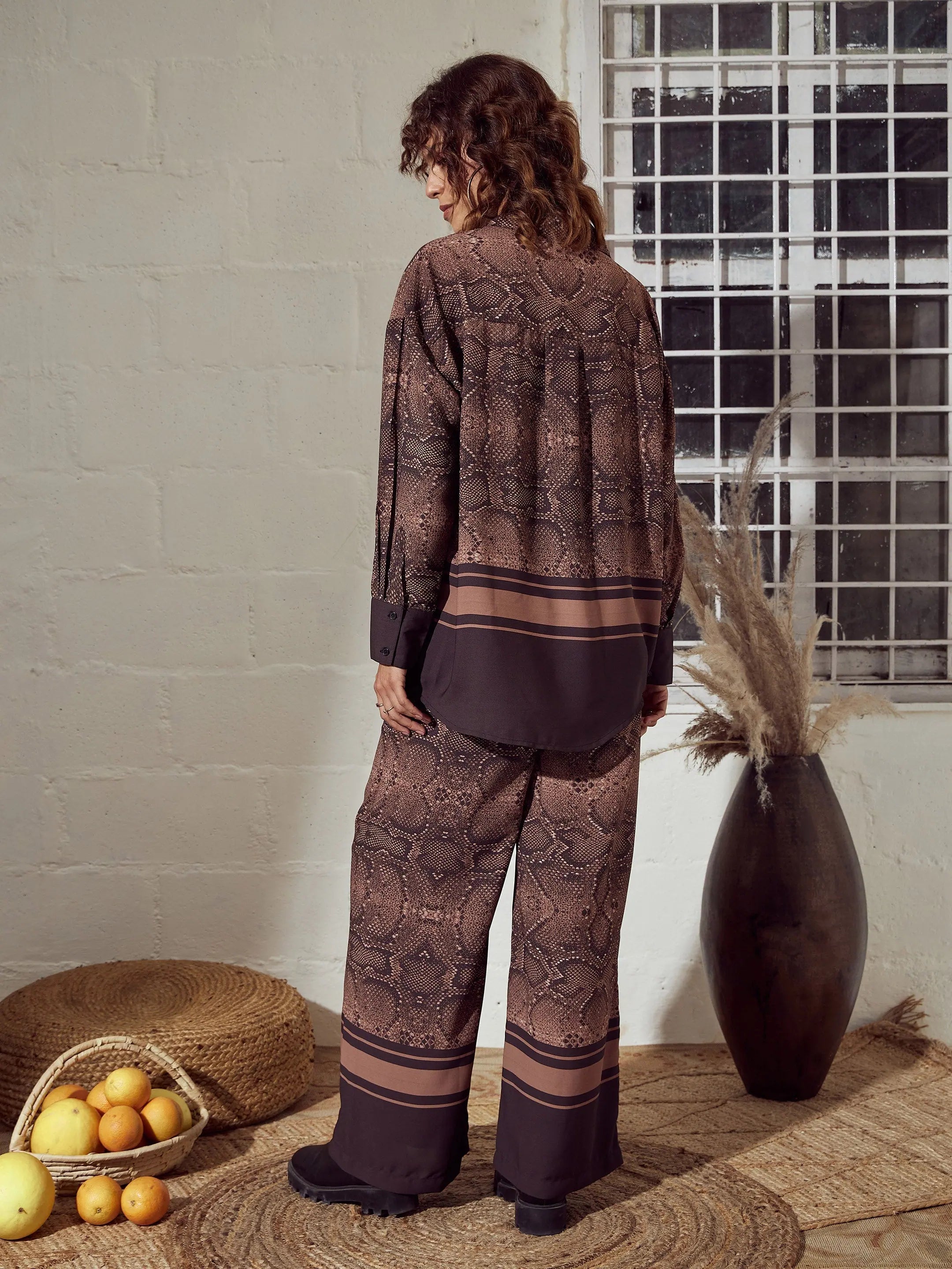 Brown Snake Print Oversized Shirt & Pants - Festive Lehenga Style