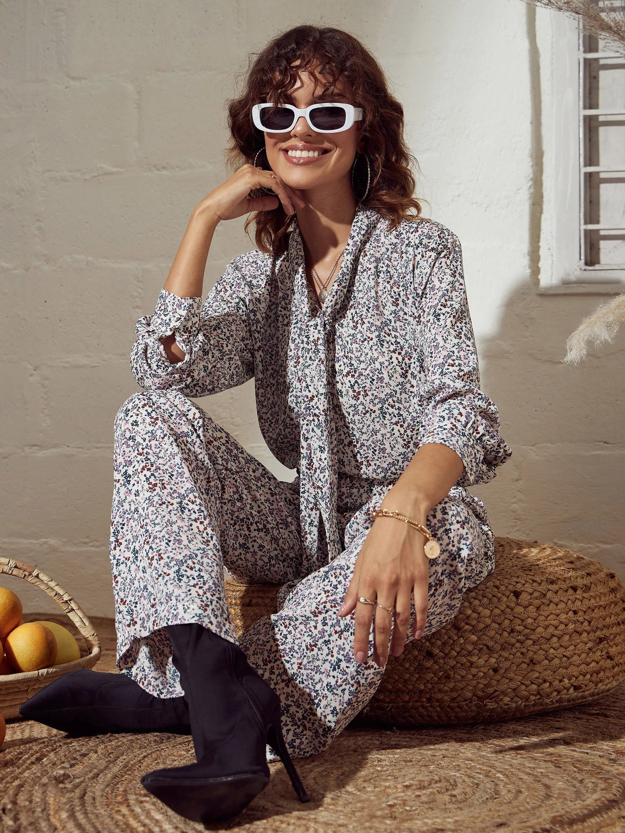 Floral Top and Pants Set - Women's Western Wear | Ditsy Print