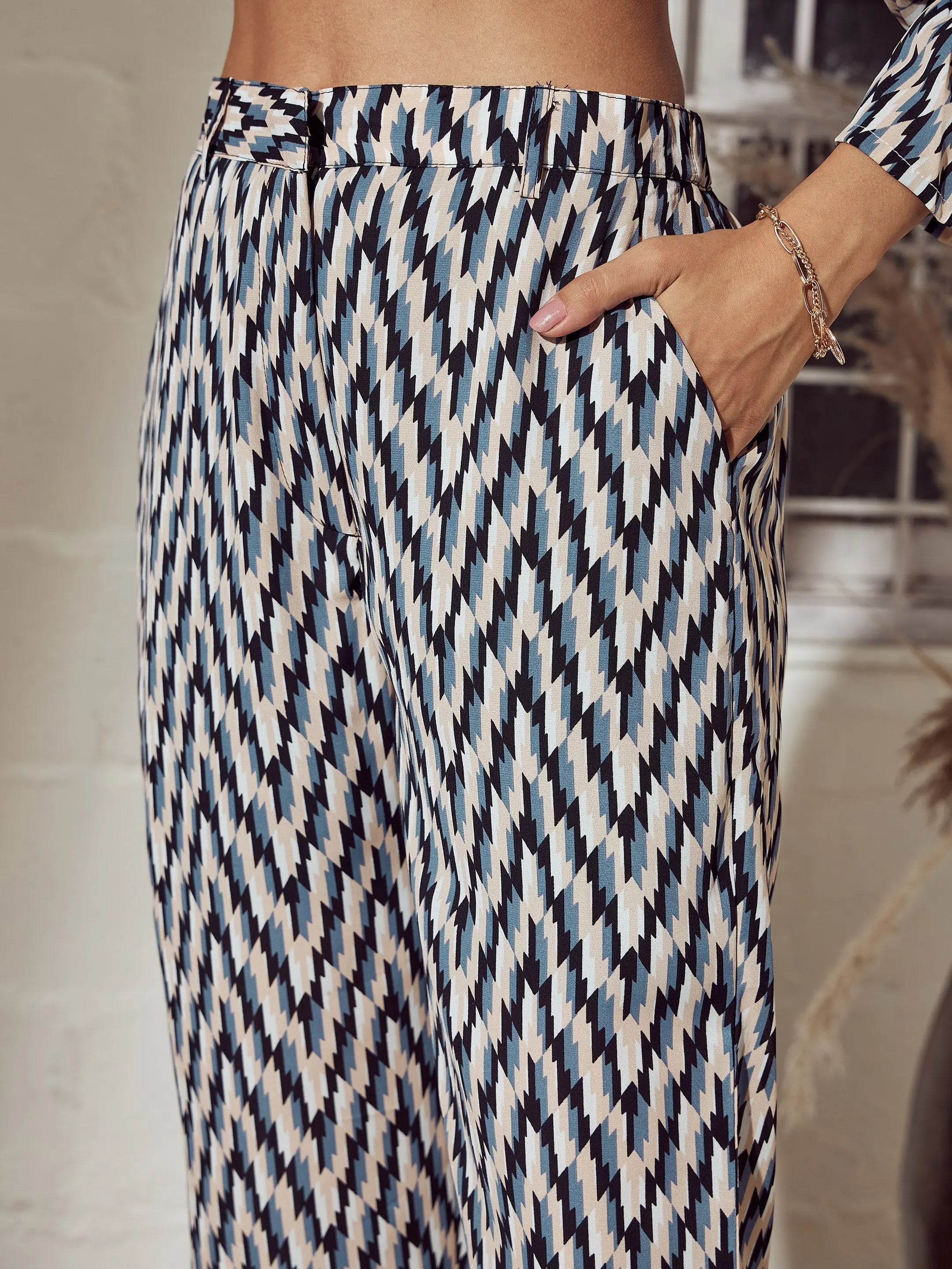 Beige Abstract Straight Pants - Women's Western Wear Online