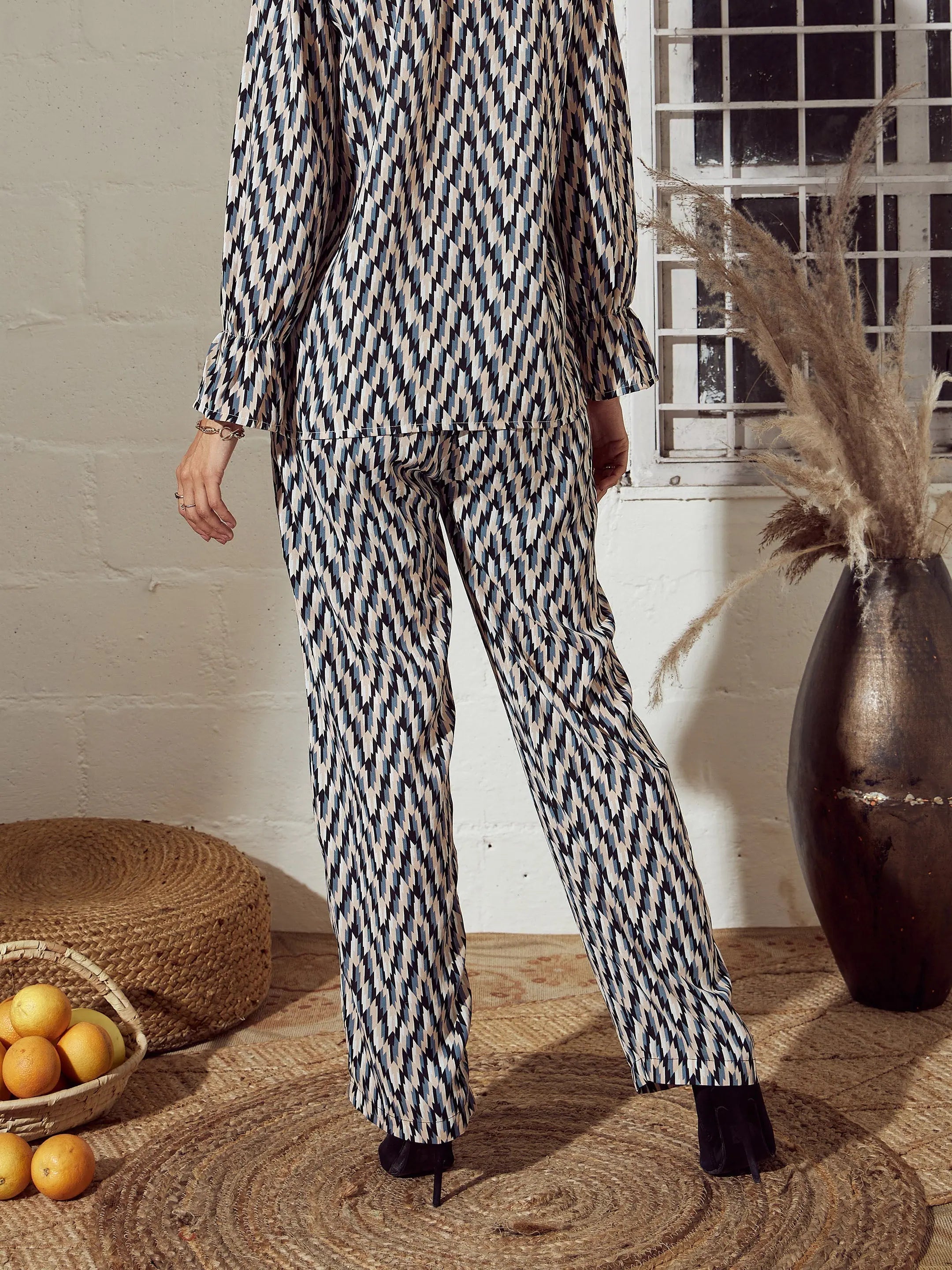 Beige Abstract Straight Pants - Women's Western Wear Online