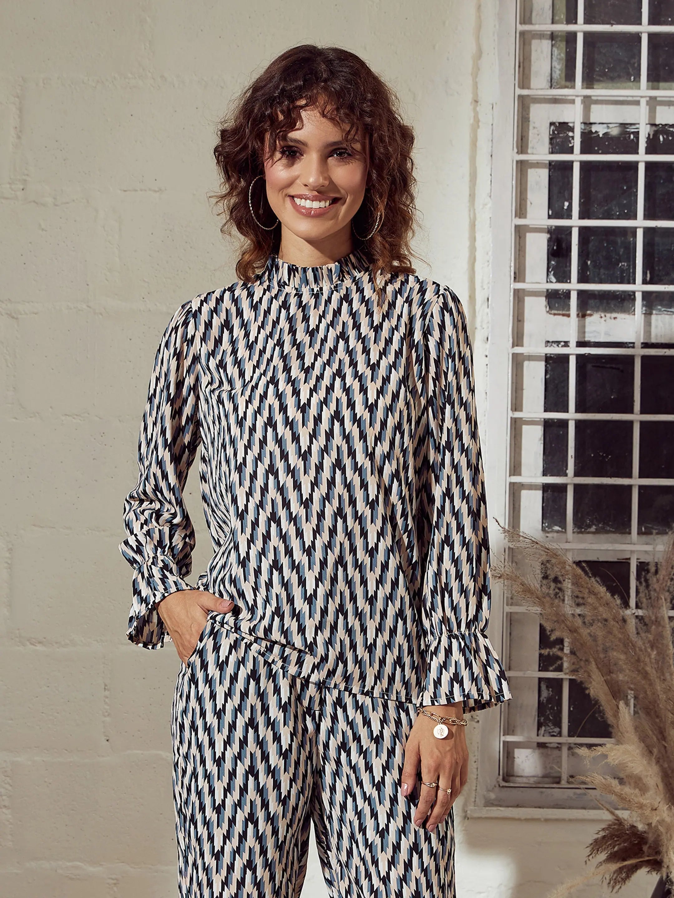 Abstract Frill Neck Top & Pants - Western Outfits for Women