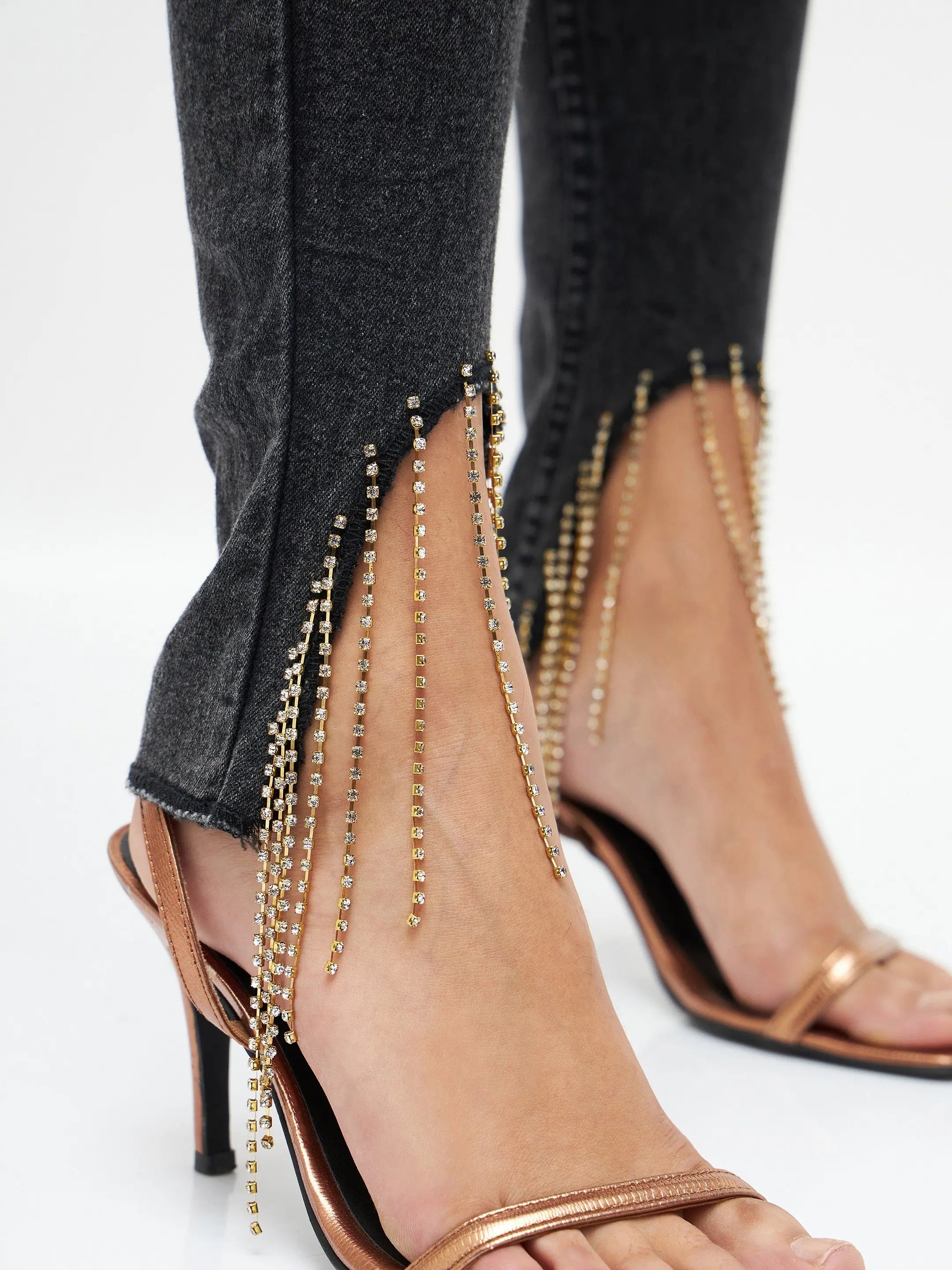 Black Denim Diamante Hem Relax Jeans for Women | Cotton Fabric