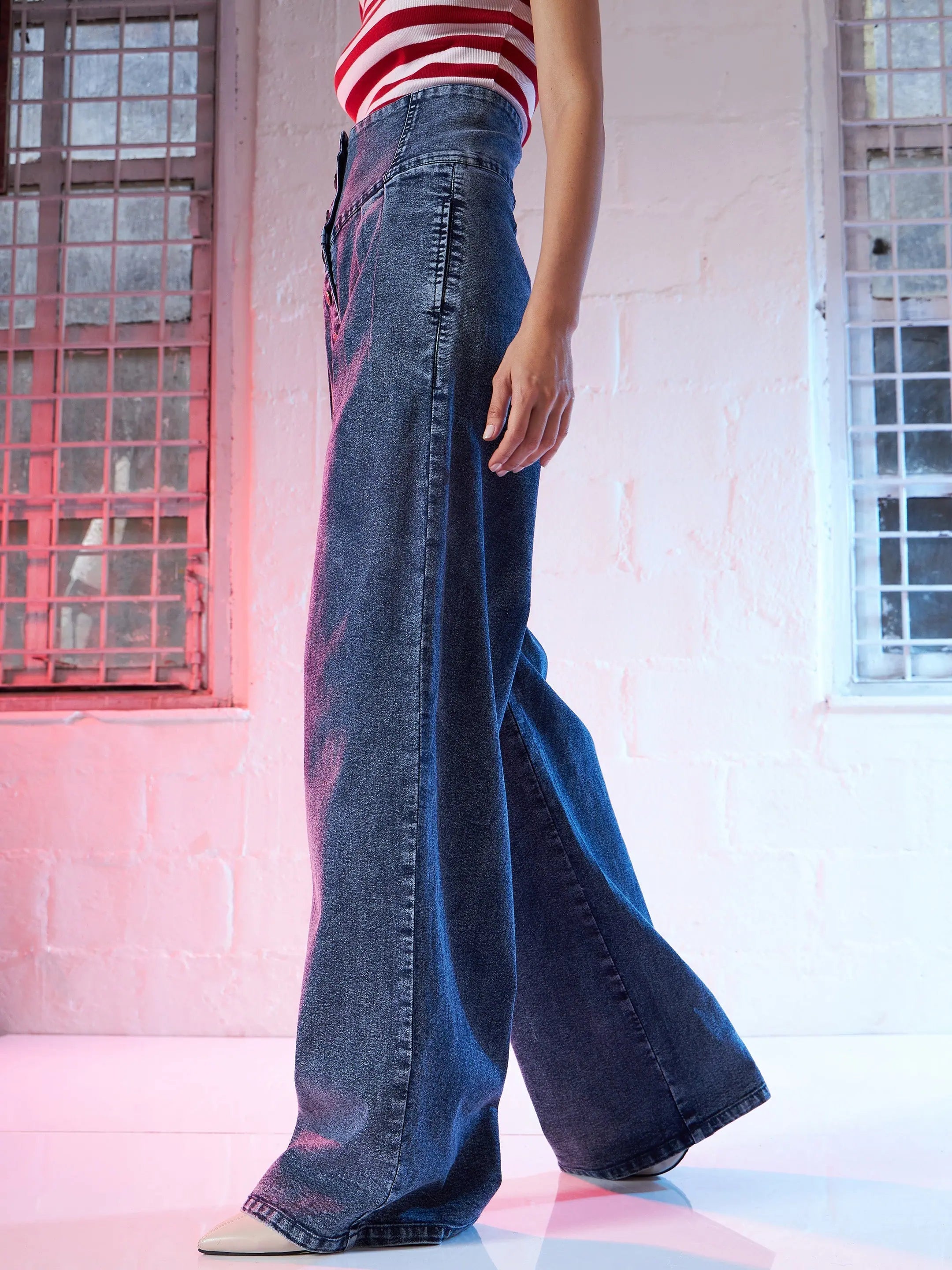 High Waisted Blue Straight Fit Jeans for Women - Denim