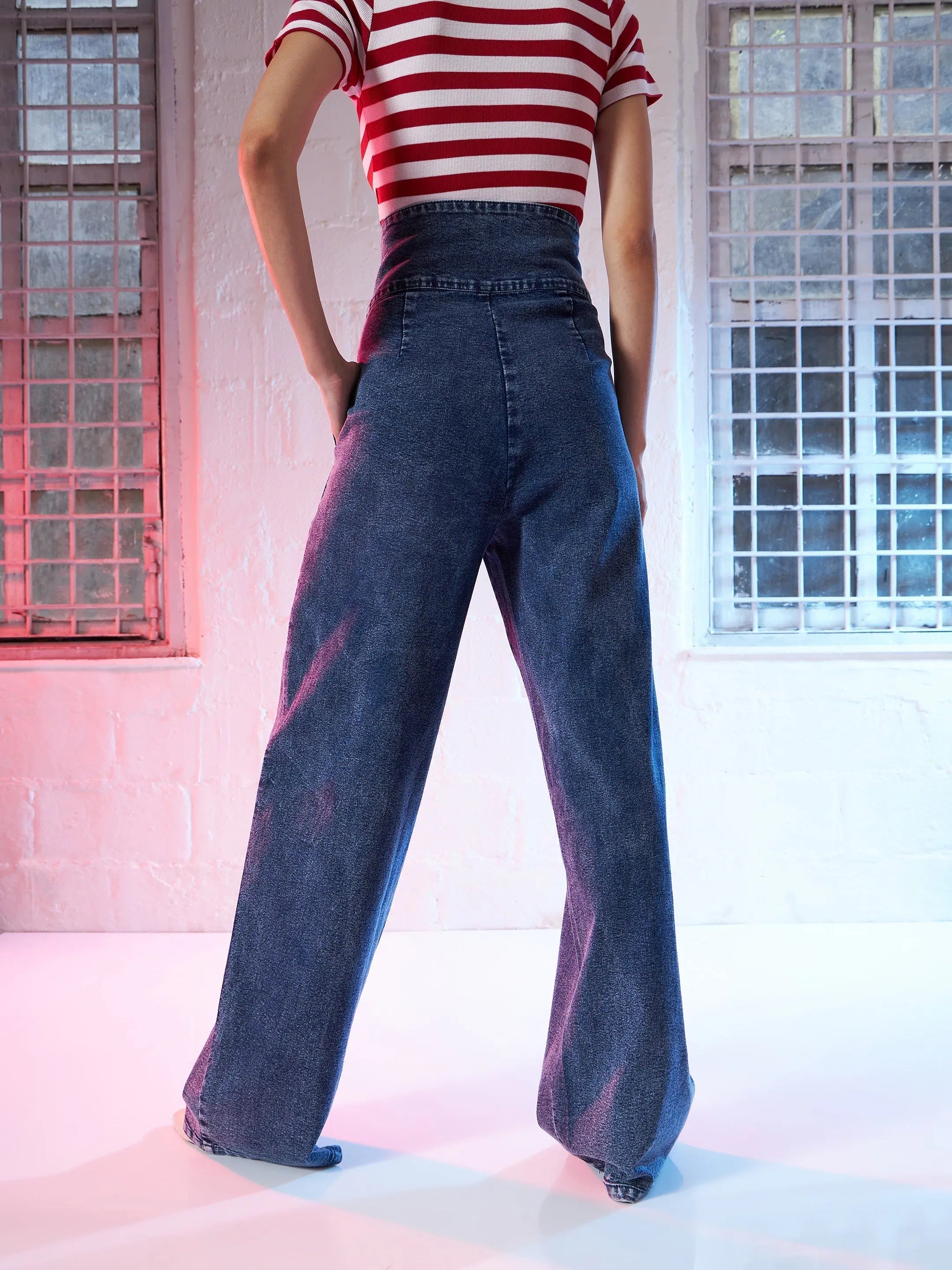 High Waisted Blue Straight Fit Jeans for Women - Denim