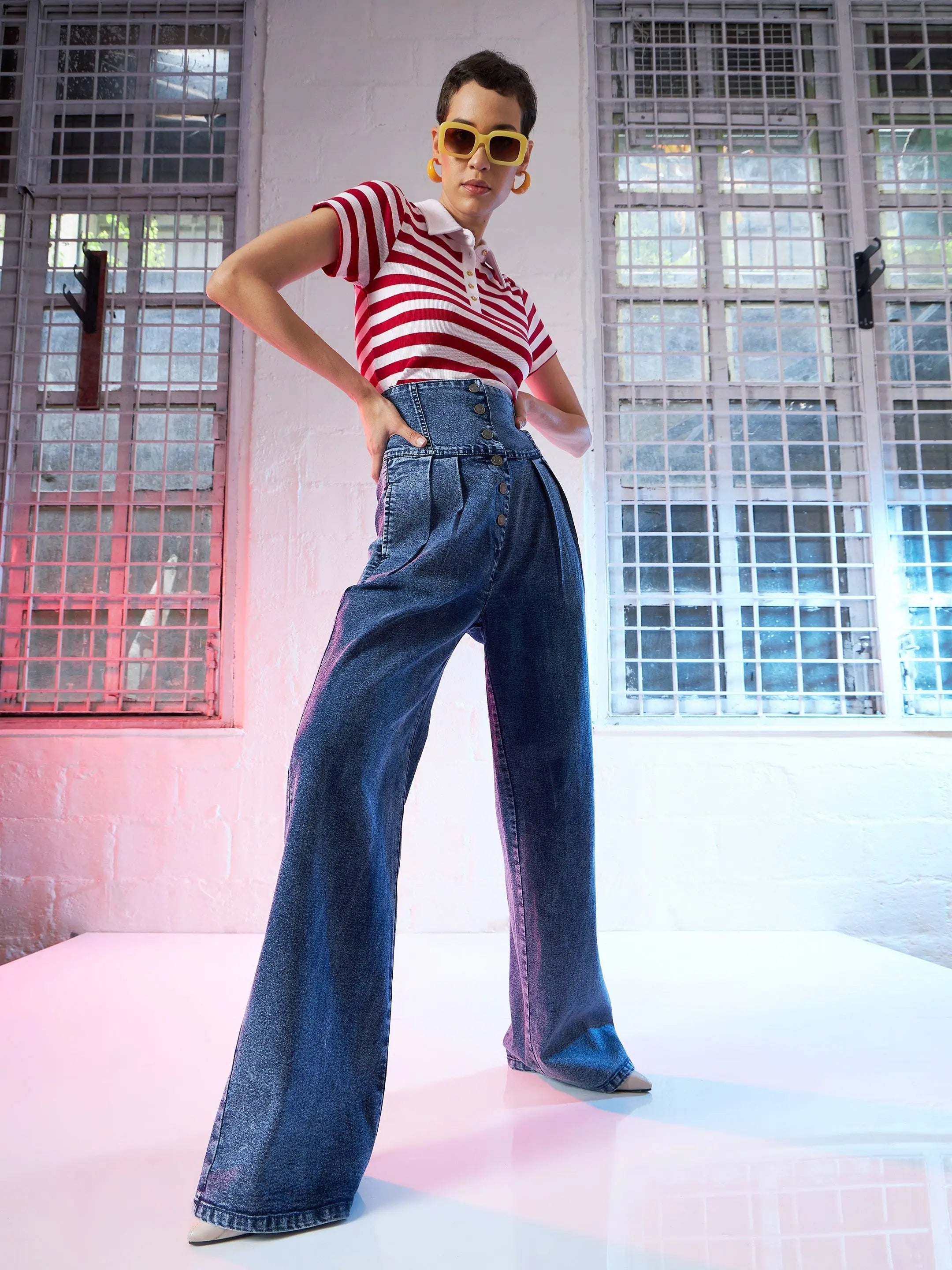 High Waisted Blue Straight Fit Jeans for Women - Denim