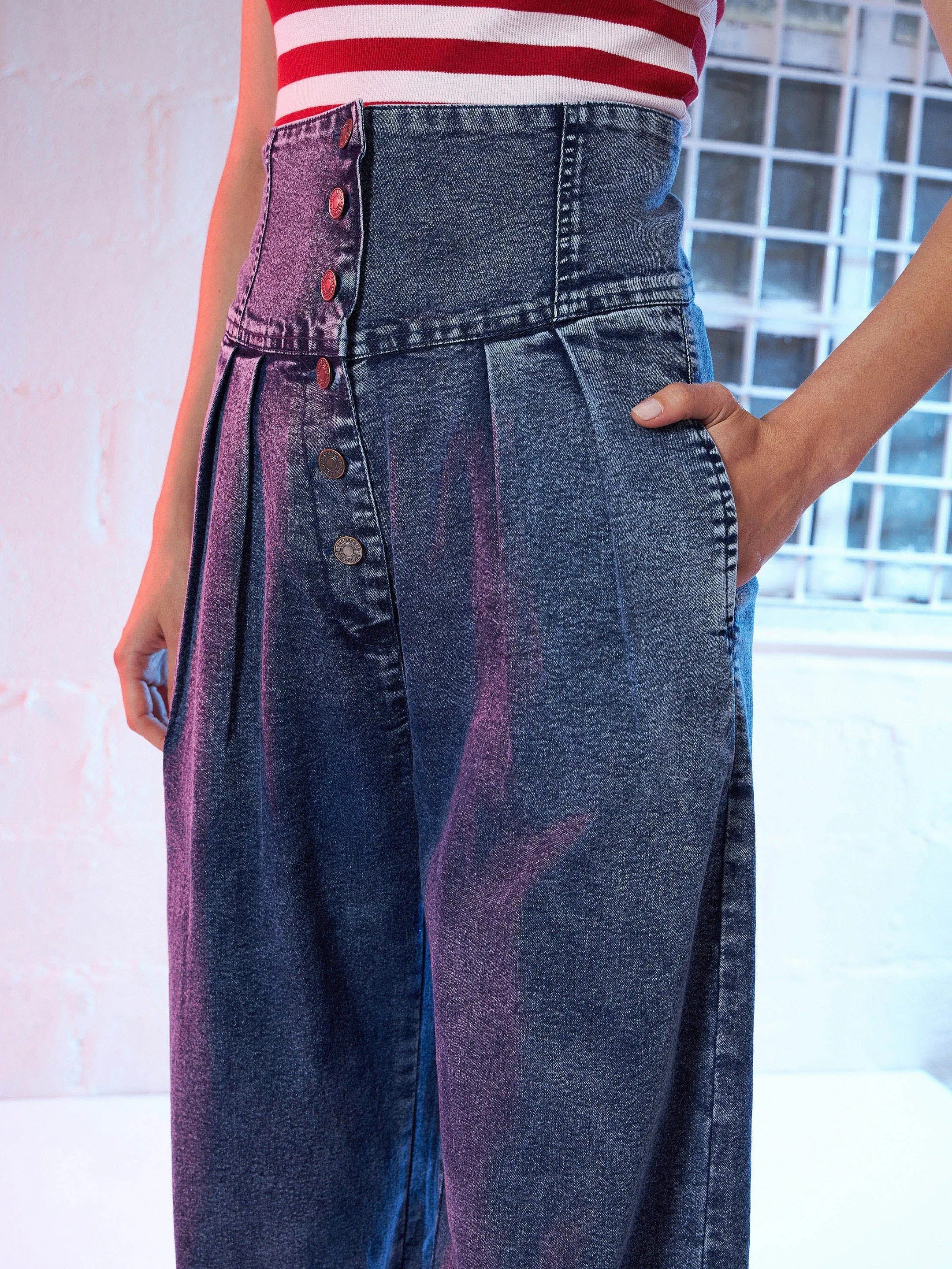 High Waisted Blue Straight Fit Jeans for Women - Denim