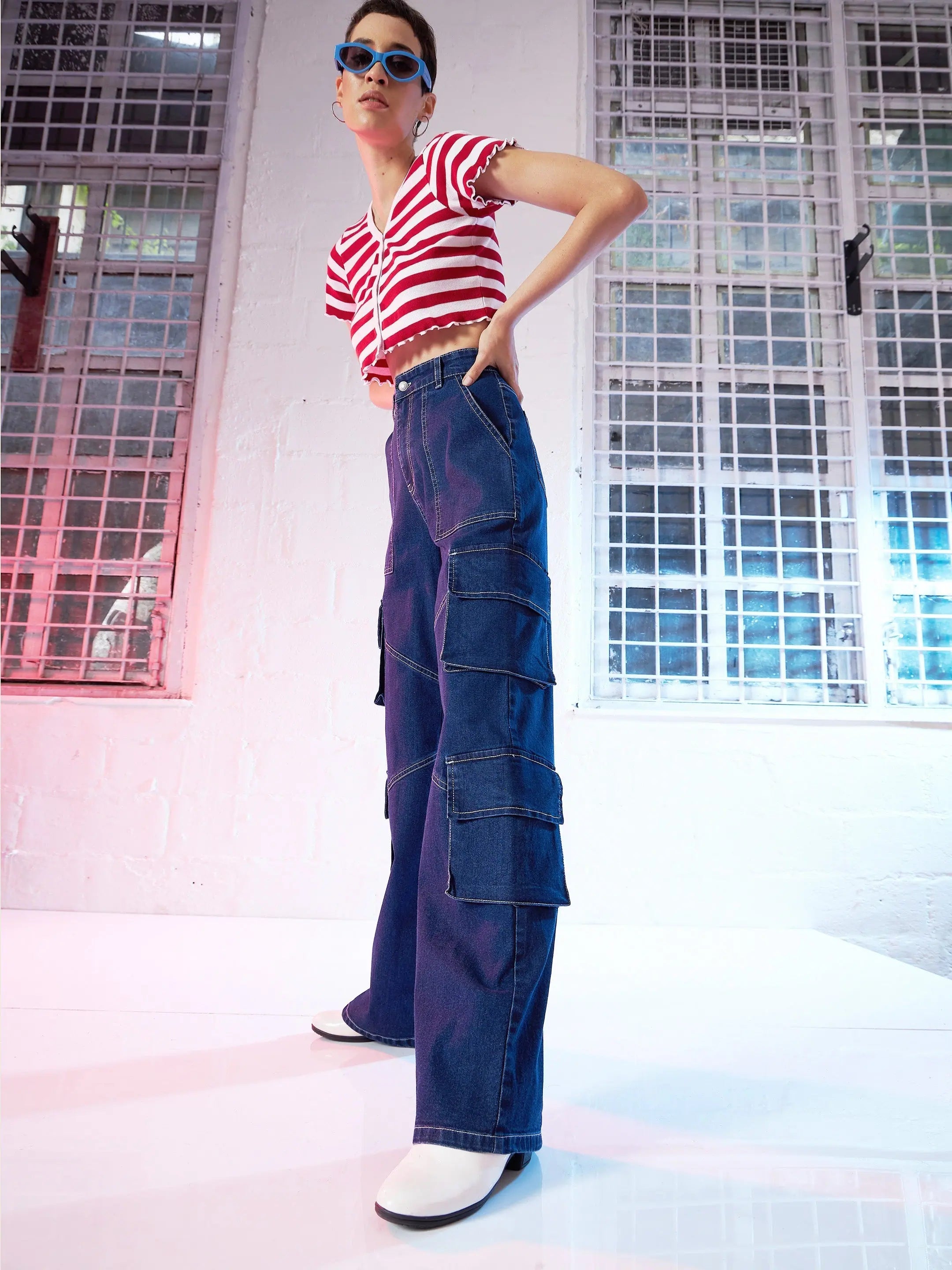 Women's Blue Contrast Stitch Straight Fit Cargo Jeans