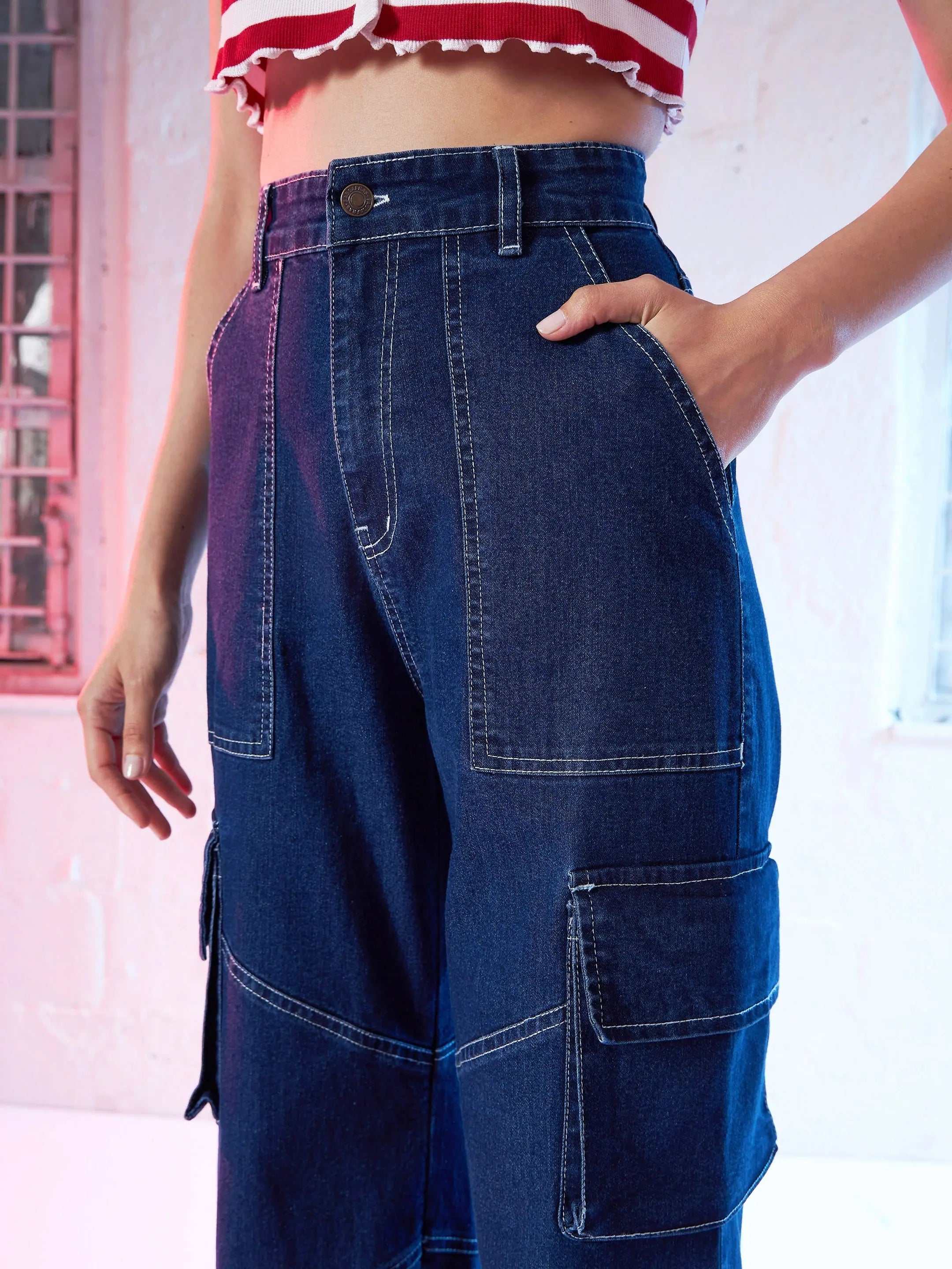 Women's Blue Contrast Stitch Straight Fit Cargo Jeans