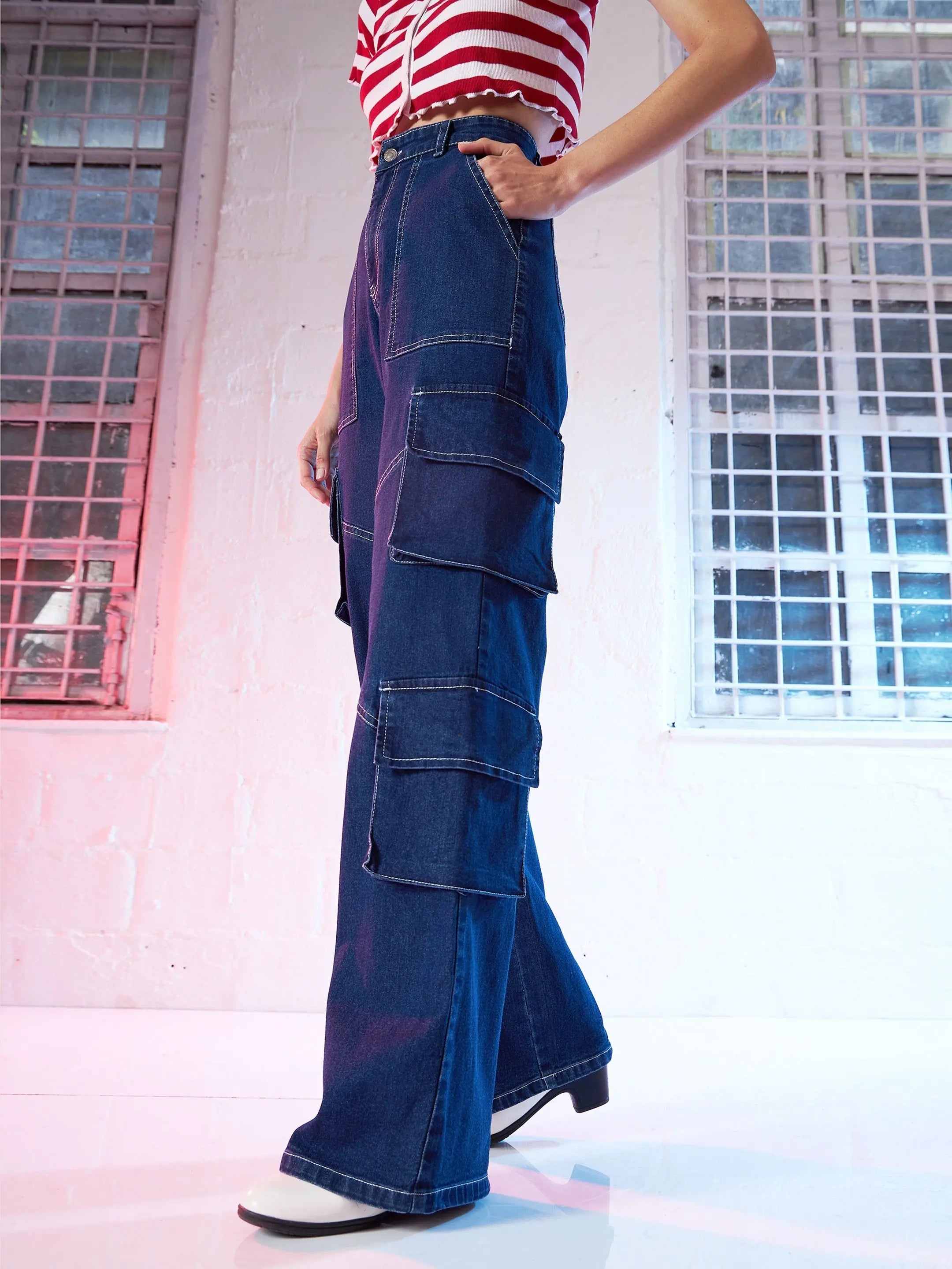 Women's Blue Contrast Stitch Straight Fit Cargo Jeans