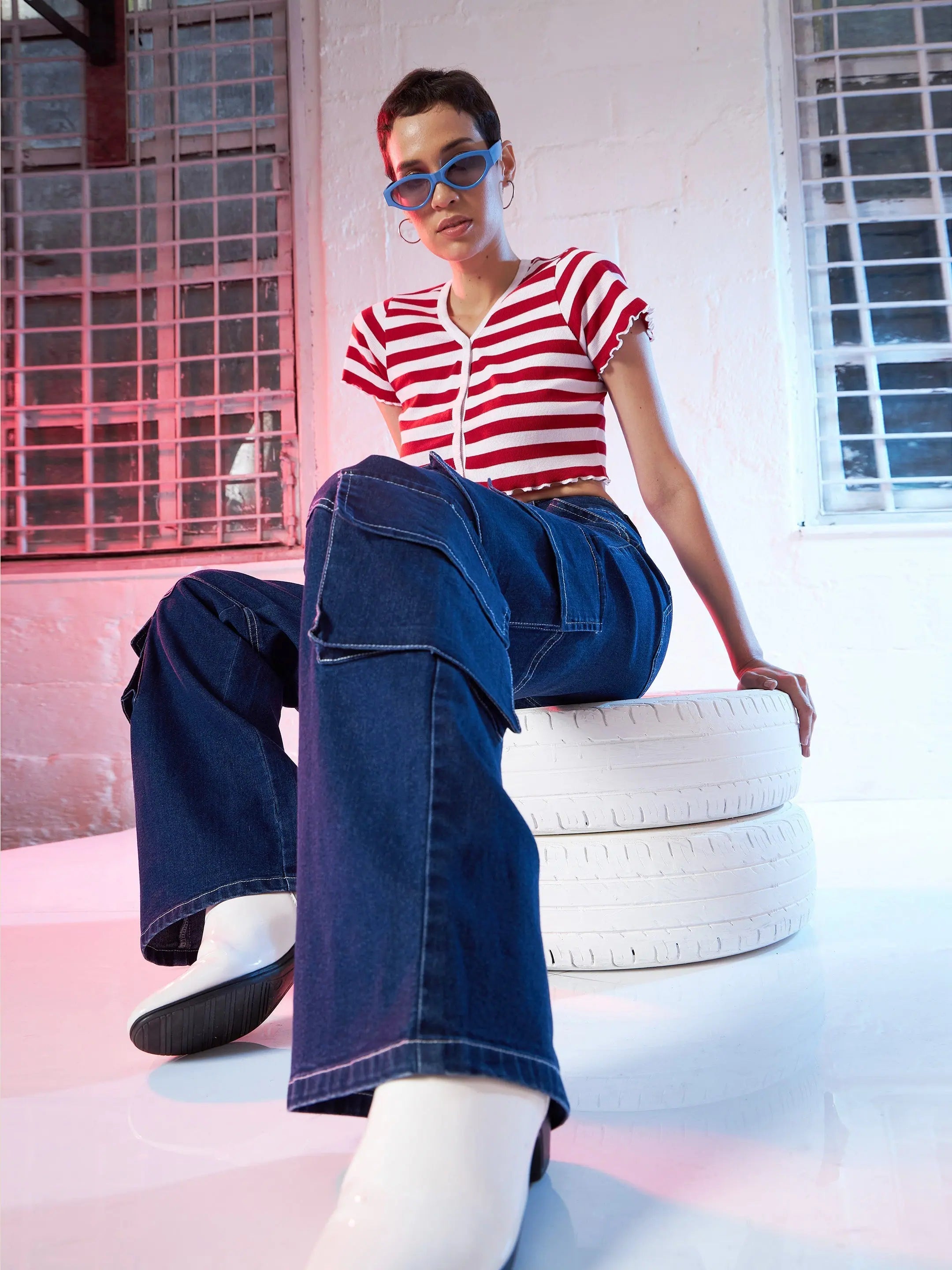 Women's Blue Contrast Stitch Straight Fit Cargo Jeans